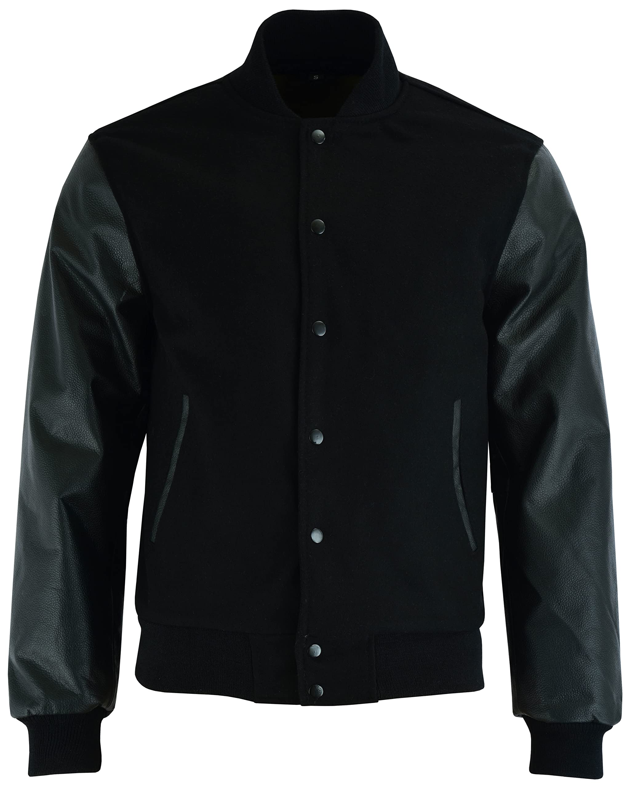 Varsity Letterman Baseball Bomber Jacket - Retro Vintage Wool Body with Genuine Leather Sleeves in Solid Black | Perfect for High School Sports, College Games & Casual Streetwear Fashion