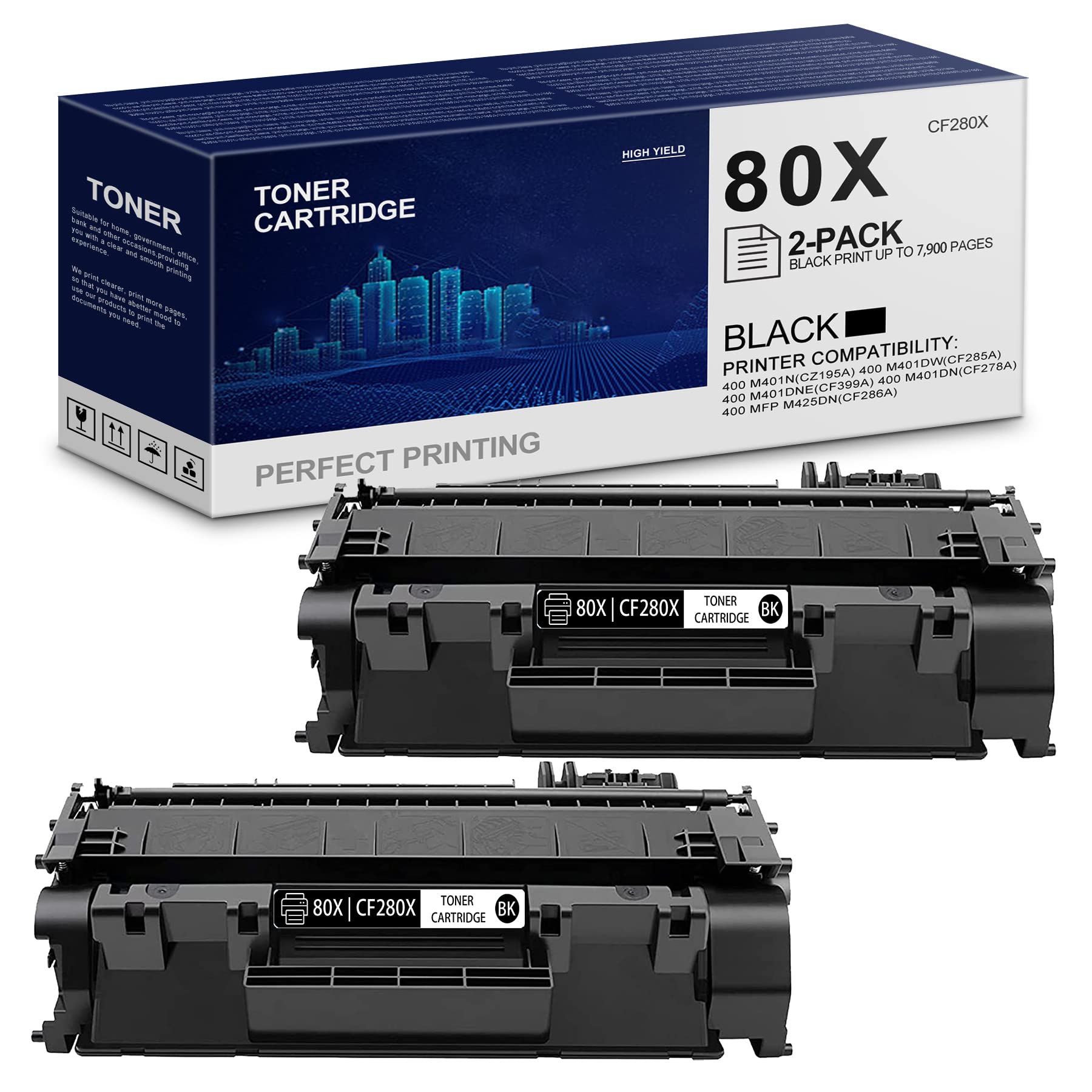 2-Pack Black Compatible CF280X/80X Toner Cartridge Replacement for HP LaserJet Pro 400 M401 Series (M401n/dw/dne/dn) & MFP M425dn Printers - High Yield, Reliable Printing for Office & Home Use