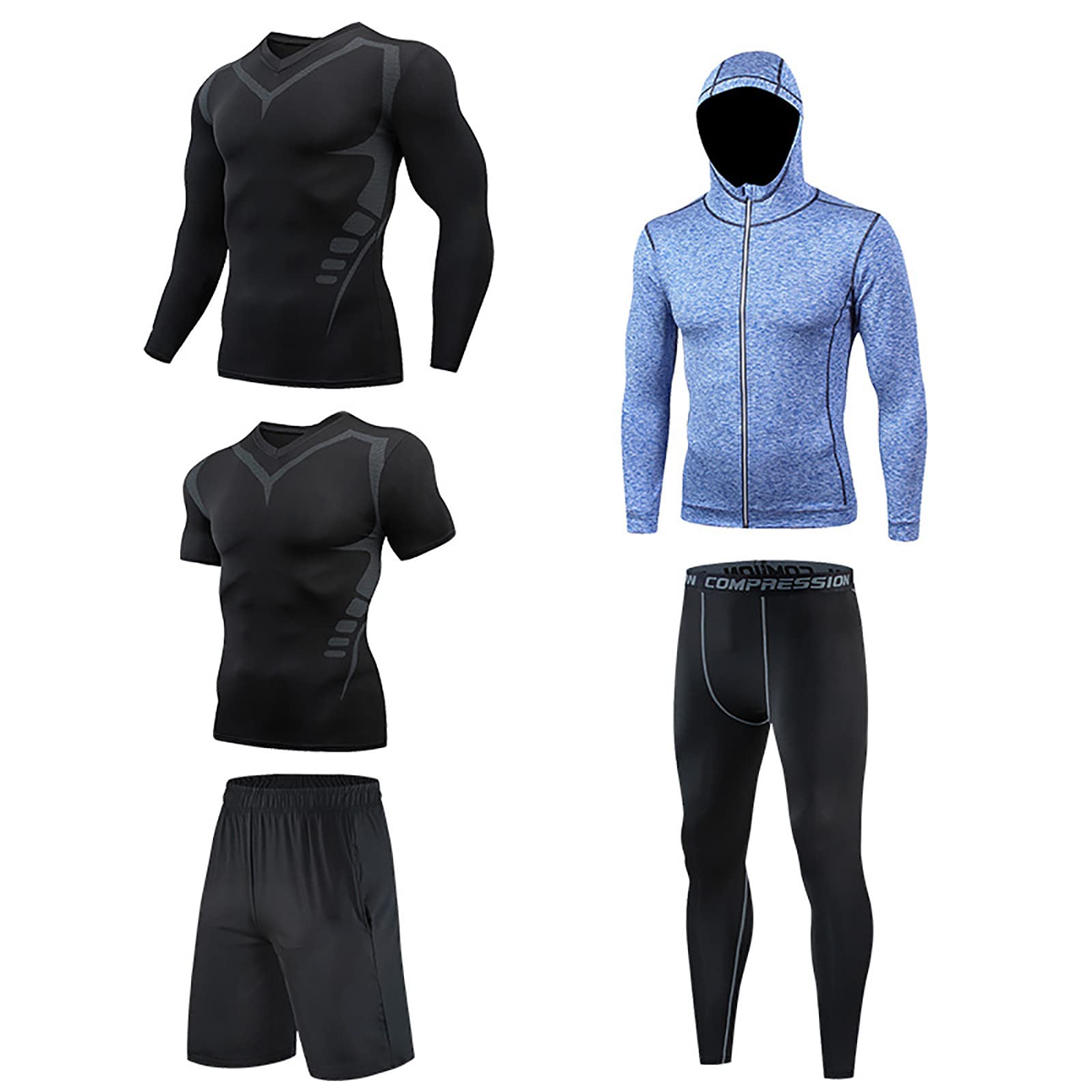 5Pcs Men's Compression Workout Set - Long Sleeve Shirt, Jacket & Pants - Gym Athletic Clothing for Men - Perfect for Training, Running & Fitness Activities