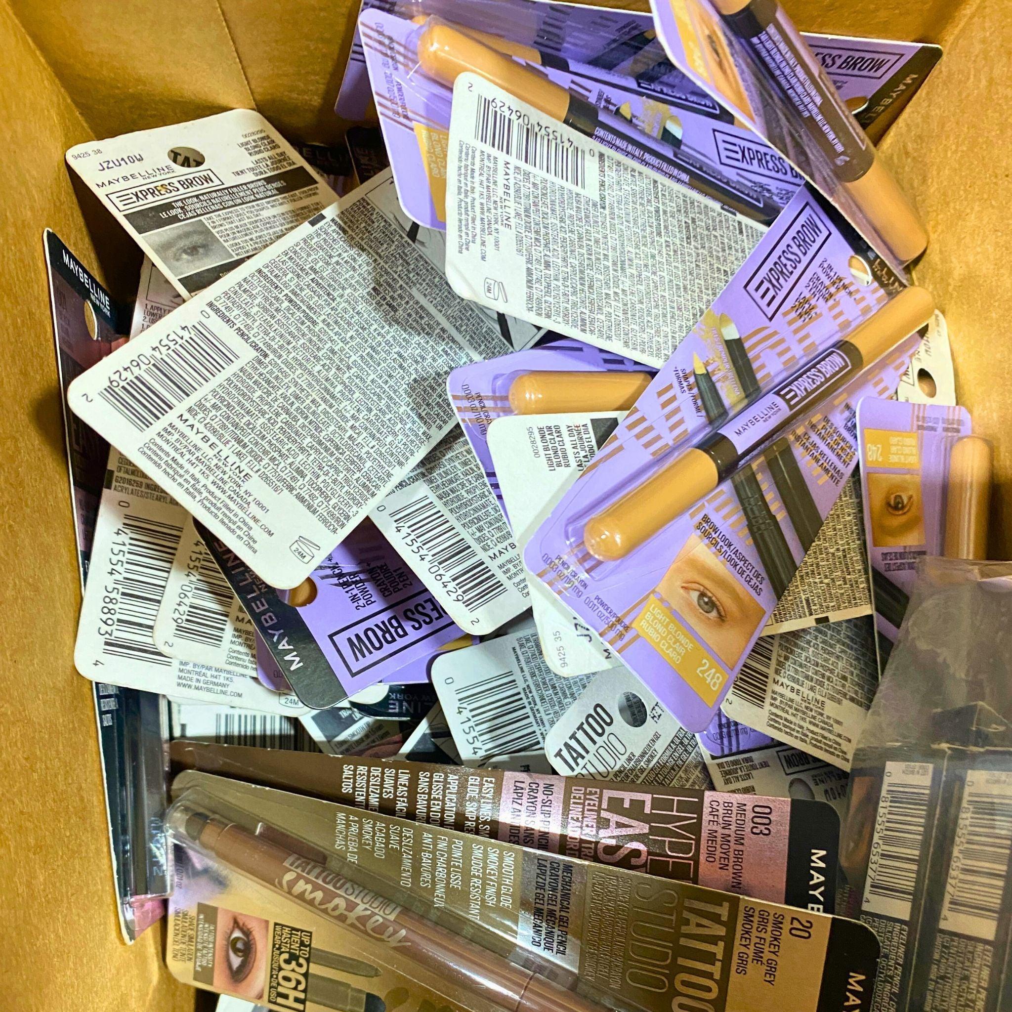 Maybelline Assorted Eyebrow & Eye Liners (65 Pcs Lot) - Professional Makeup Kit for Eyebrow Shaping & Eye Definition - Perfect for Salons, Makeup Artists & Beauty Enthusiasts