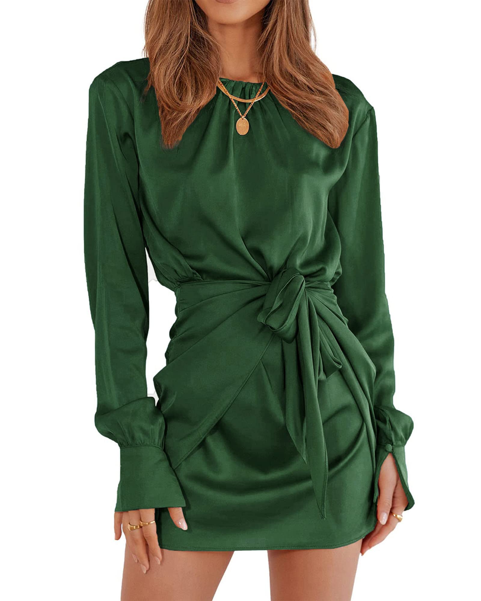 BTFBM Women's Casual Long Sleeve Ruched Wrap Dress - Crew Neck Tie Waist Short Party Cocktail Dress in Satin Fabric - Perfect for Office, Date Night & Special Occasions