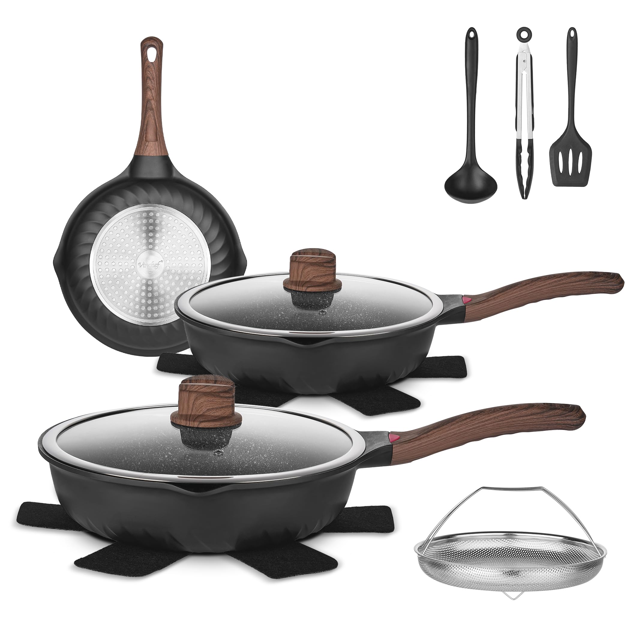 VINCHEF 12-Piece Nonstick Cookware Set - Induction Compatible Pots & Pans with Stay-Cool Handles, Frying Pans, Saute Pan with Lid, Silicone Utensils & Pot Protectors - PFAS & PFOA Free - Perfect for Home Cooking, Professional Kitchens & Gift Giving
