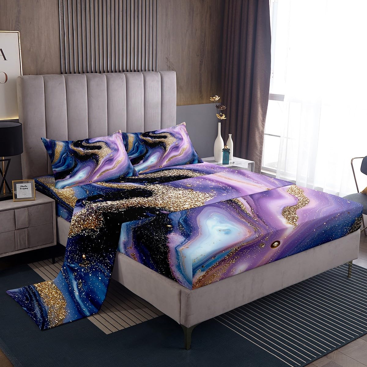 Modern Marble Twin Fitted Sheet Set - Blue Purple Gold Abstract Stone Pattern Bedding | Soft Tie-Dye Pastel Design for Kids, Teens & Adults | Perfect for Nursery, Dorm Room & Master Bedroom Decor