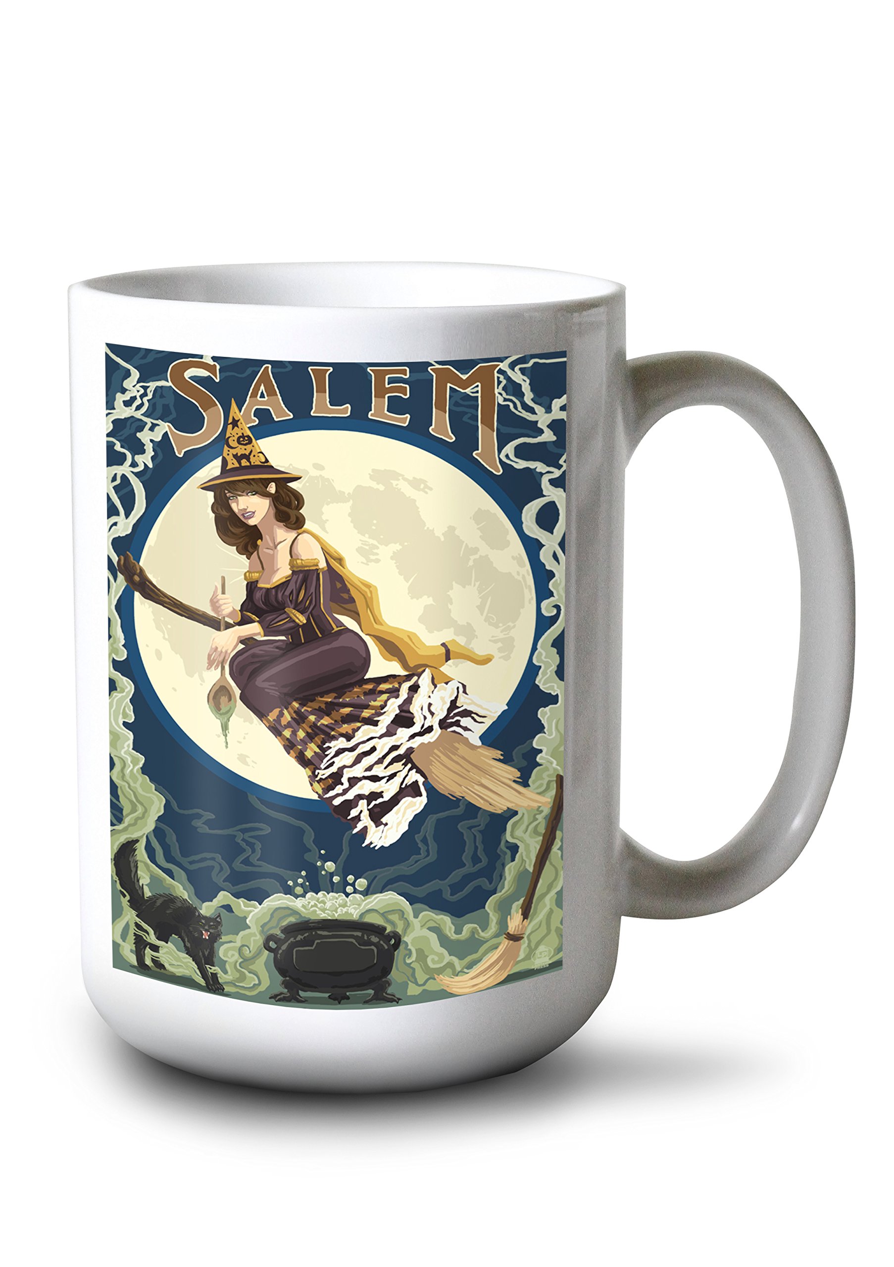 15oz White Ceramic Coffee Mug - Witch Scene of Salem Massachusetts - Microwave & Dishwasher Safe - Perfect for Halloween, Witchcraft Enthusiasts & Historical Gift Giving