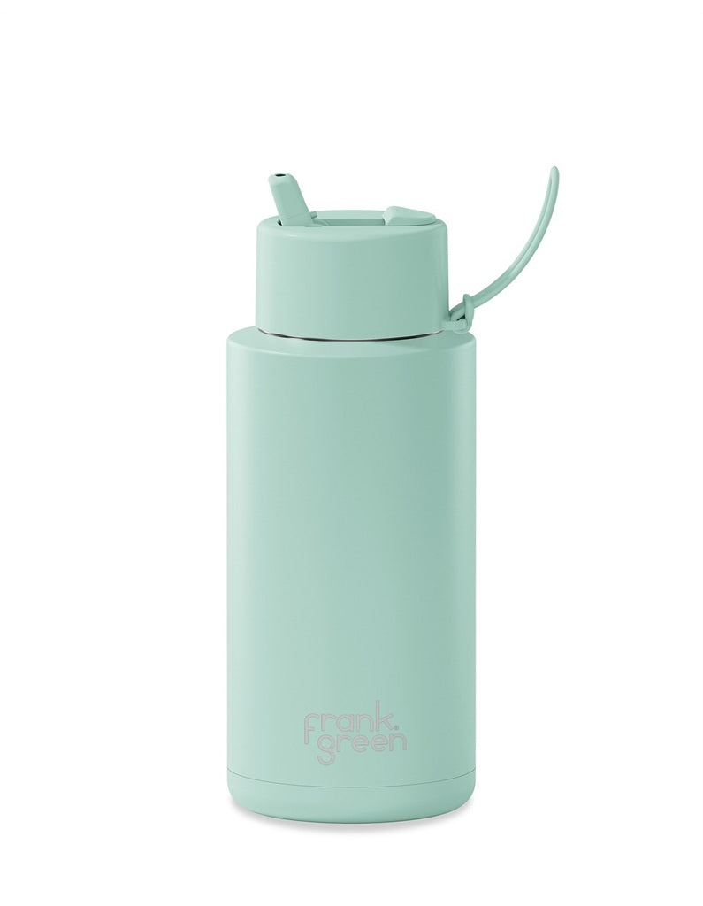 Frank Green Ceramic 34oz Straw Water Bottle - Leakproof Vacuum Insulated Reusable Cup with Straw, Peppermint Color - Perfect for Gym, Hiking, Office & Travel Hydration