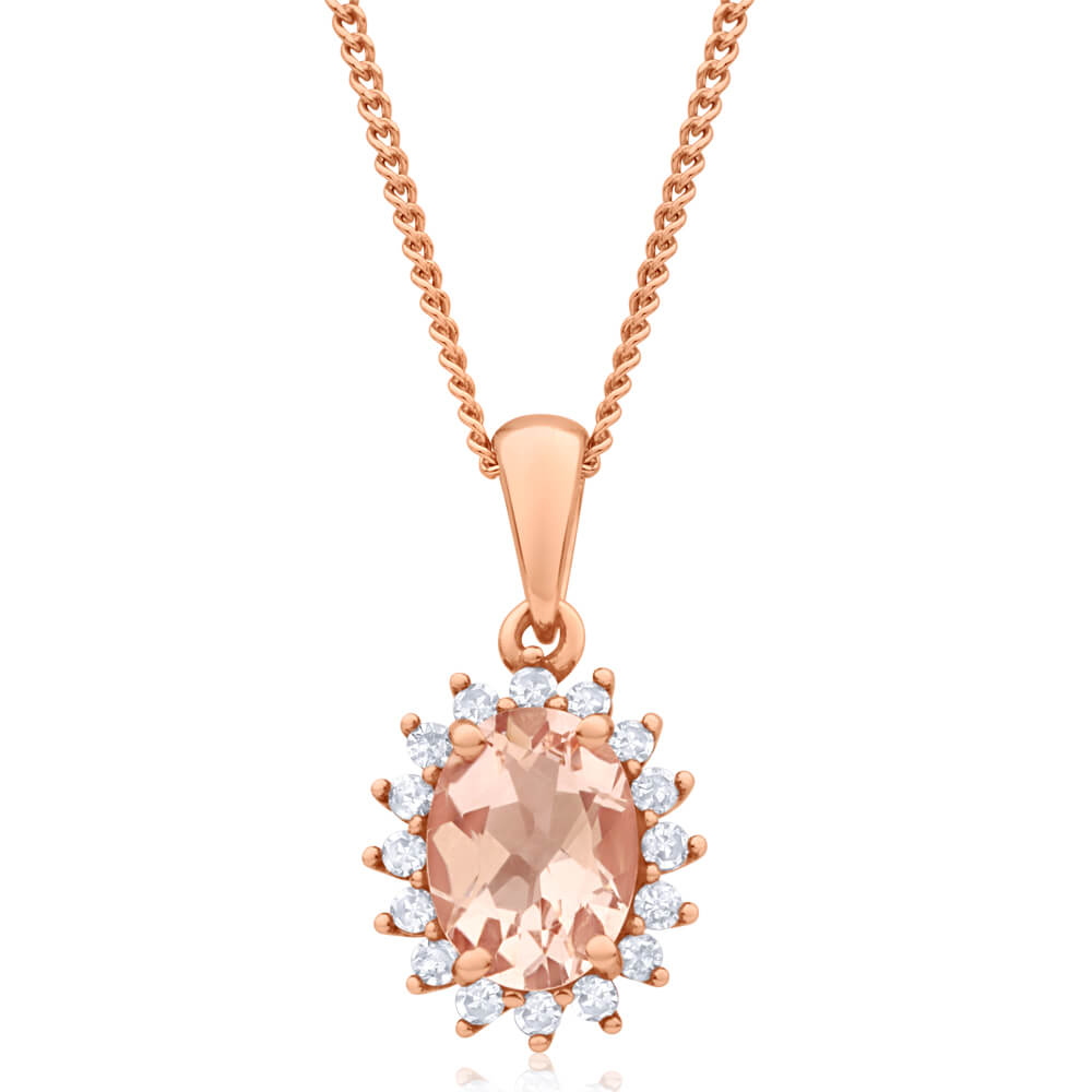 9ct Rose Gold Diamond & 8x6mm Morganite Cluster Pendant Necklace with 45cm Chain - Elegant Jewelry Gift for Women, Perfect for Valentine's Day, Anniversary & Special Occasions