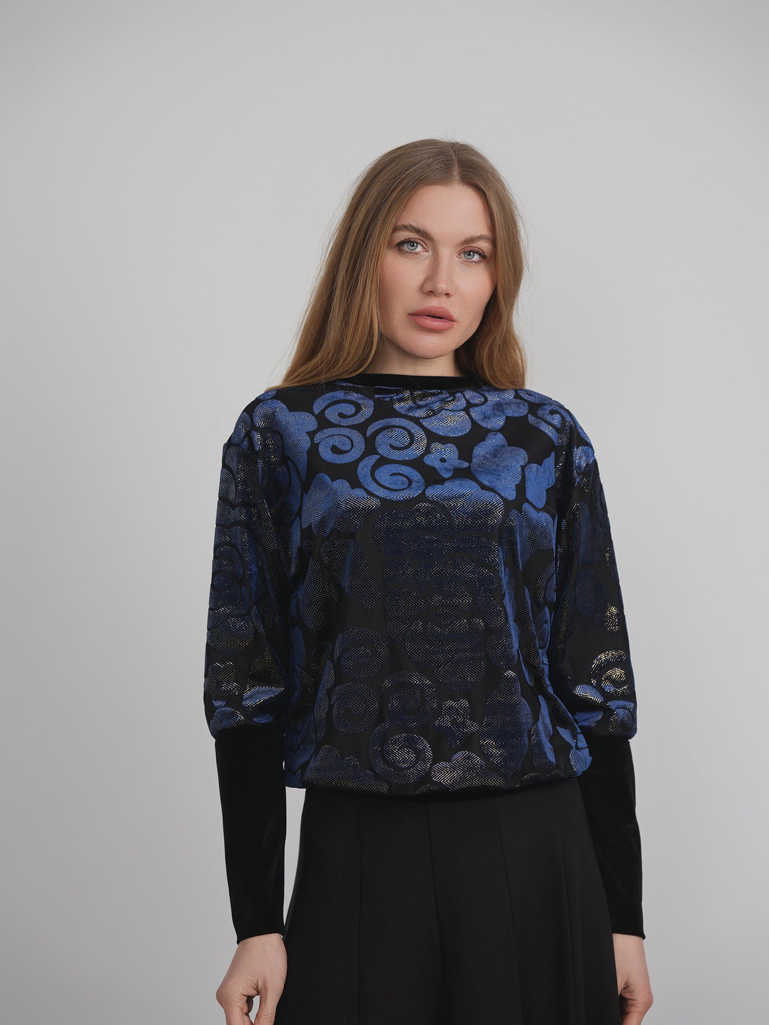 Flocked Velour Rib Bubble Top Women's Blouse - Elegant & Comfortable Party Wear for Casual Outings & Date Nights
