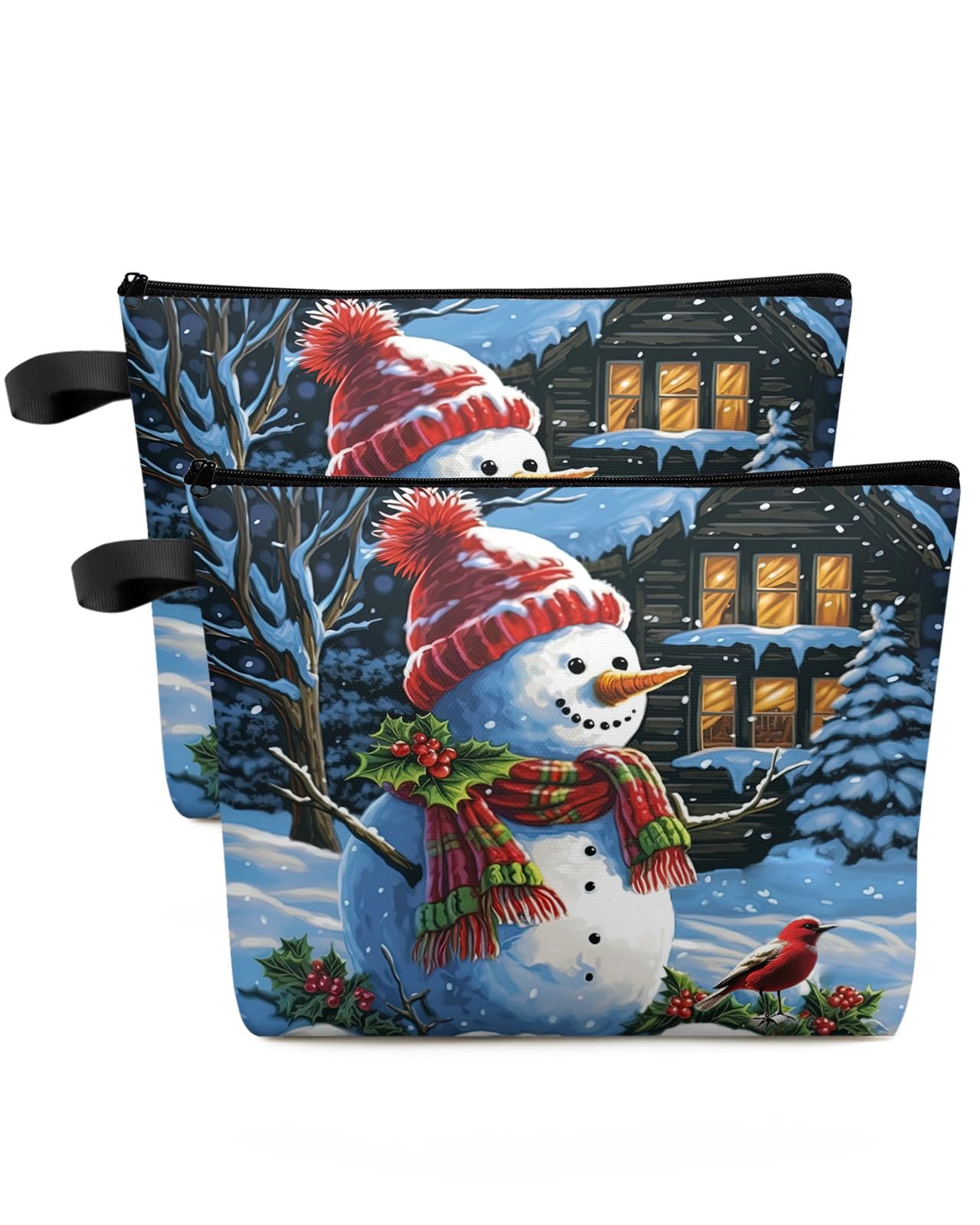 Gredice Christmas Snowman Holly & Bird Waterproof Makeup Bag for Women - Large Capacity Cosmetic Toiletry Travel Organizer with Winter Snowy Scene Design - Perfect for Holiday Gifts, Travel Storage & Daily Makeup Organization