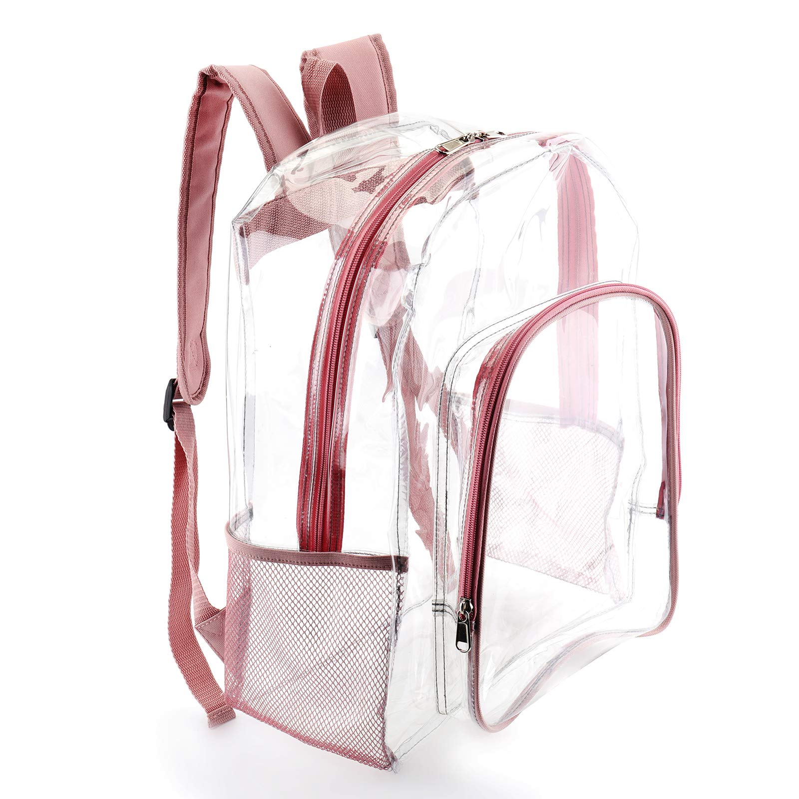 Clear Transparent Backpack for Women & Girls - Lightweight Plastic School Bookbag with Rose Pink Design for College, Festival, Concert, Travel & Everyday Use