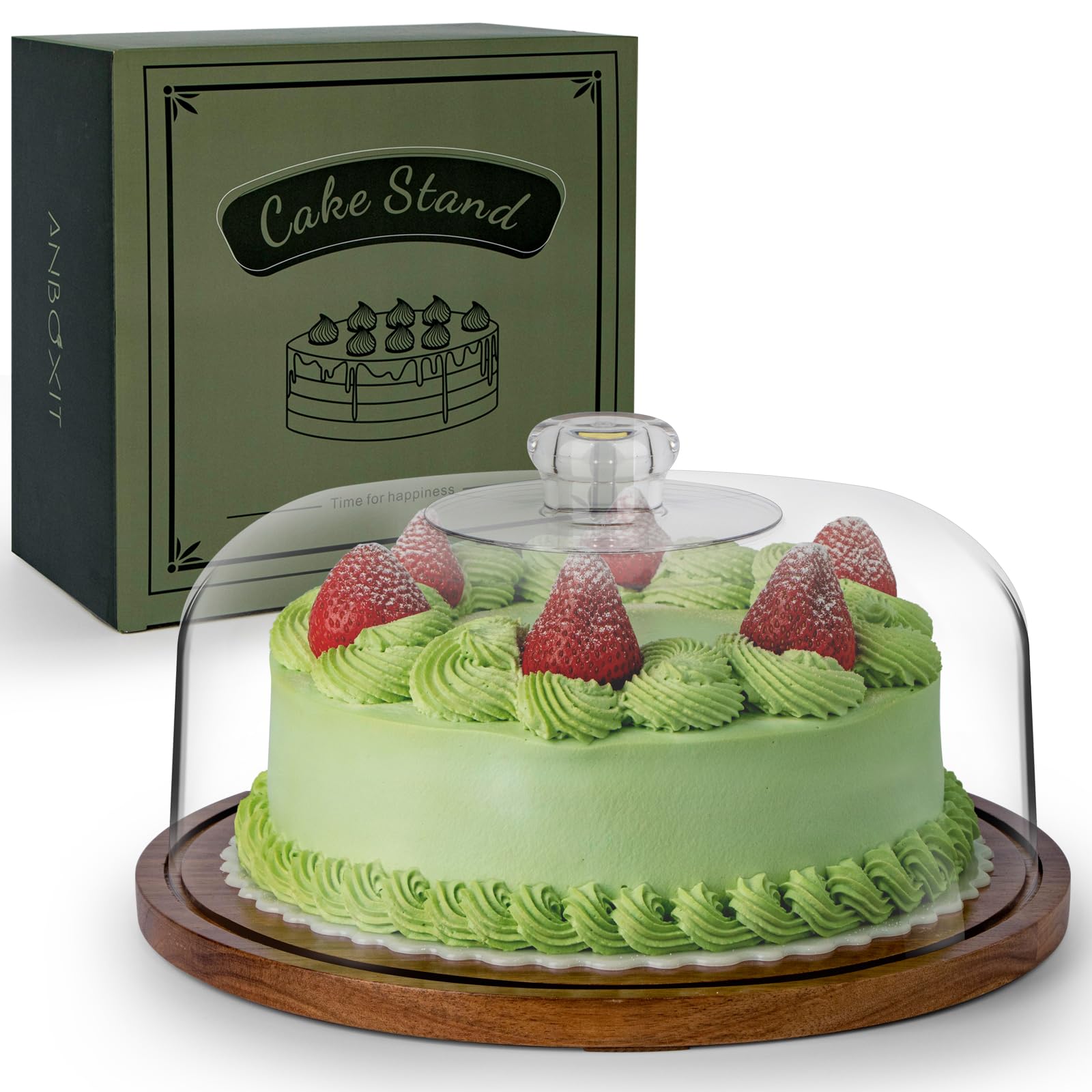 ANBOXIT Acacia Wood Cake Stand with Dome Lid - 10 Inch Wooden Cake Plate with Clear Acrylic Cover for Display & Protection - Perfect for Wedding, Birthday, Bakery Dessert Presentation
