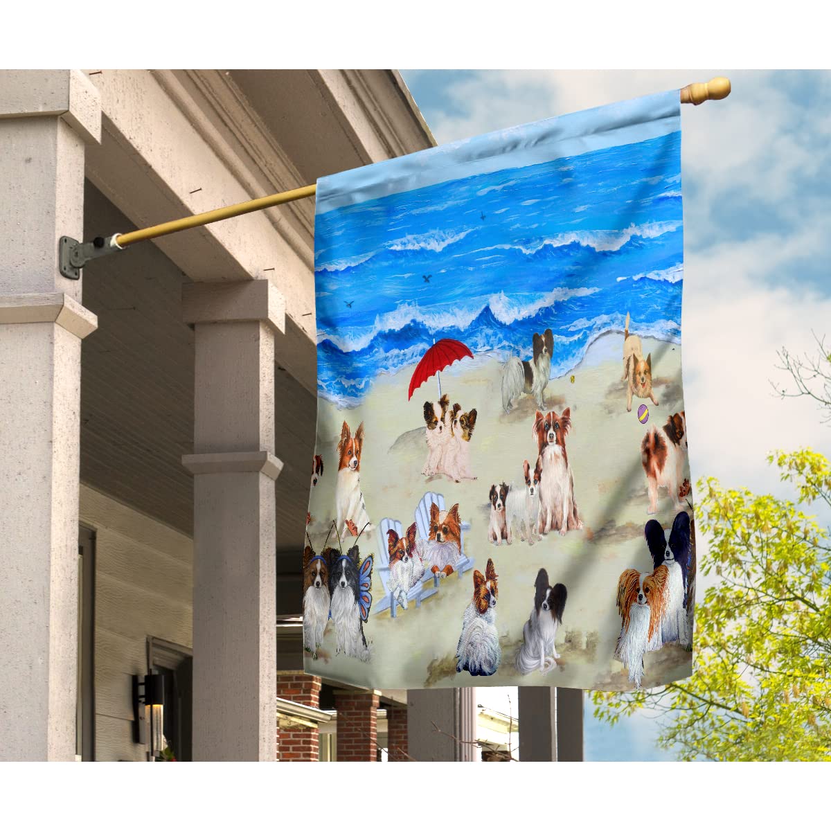 Funny Papillon Dog Beach Summer House Flag - Outdoor Garden & Wall Decor for Pet Lovers - Perfect for Yards, Patios, and Home Decoration - Great Gift for Papillon Owners