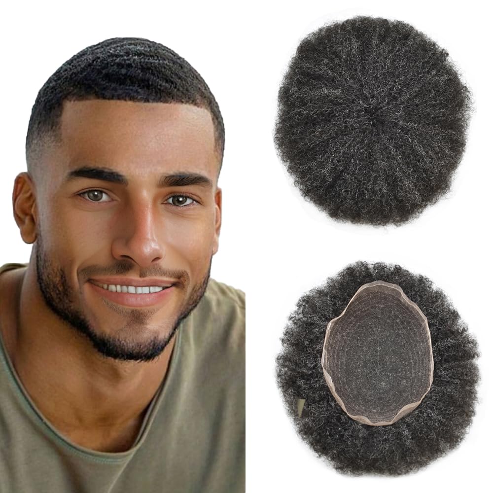Premium Human Hair Toupee for Black Men - Afro Kinky Curly Replacement System - Full French Lace Wig - Natural 1B/20 Off Black with 20% Grey (#1B20) | Perfect for Daily Wear, Special Occasions & Hair Loss Solutions