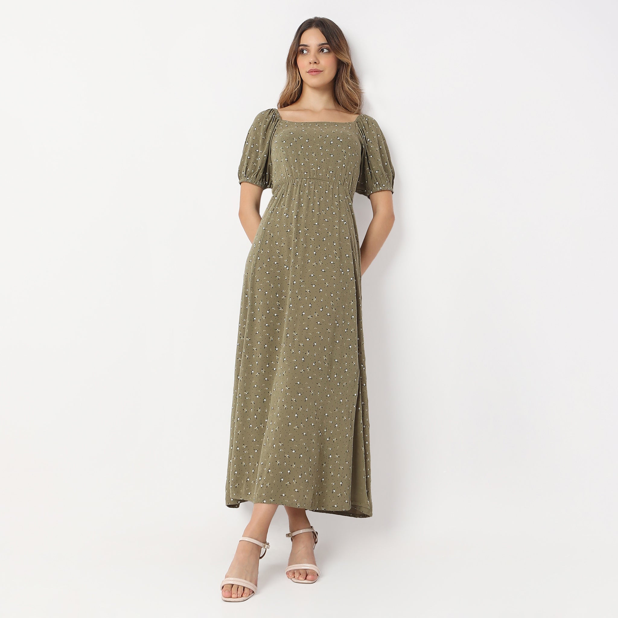 Flare Fit Printed Ankle Length Square Neck Betty Long Dress for Women - Elegant Floral Summer Maxi Dress for Beach, Wedding & Party Occasions