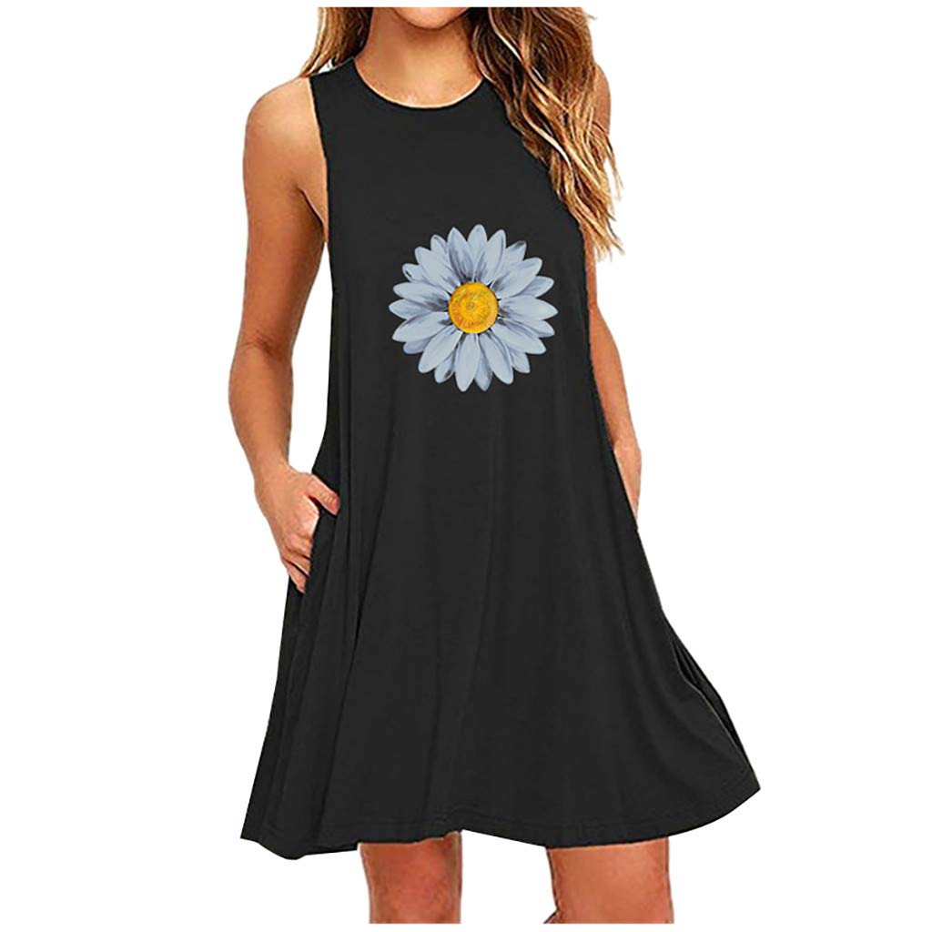 2023 Women's Summer Dresses - Sleeveless Casual A-Line Nightdress with Daisy Print & Pockets | Perfect for Beach Vacations, Date Nights & Summer Parties