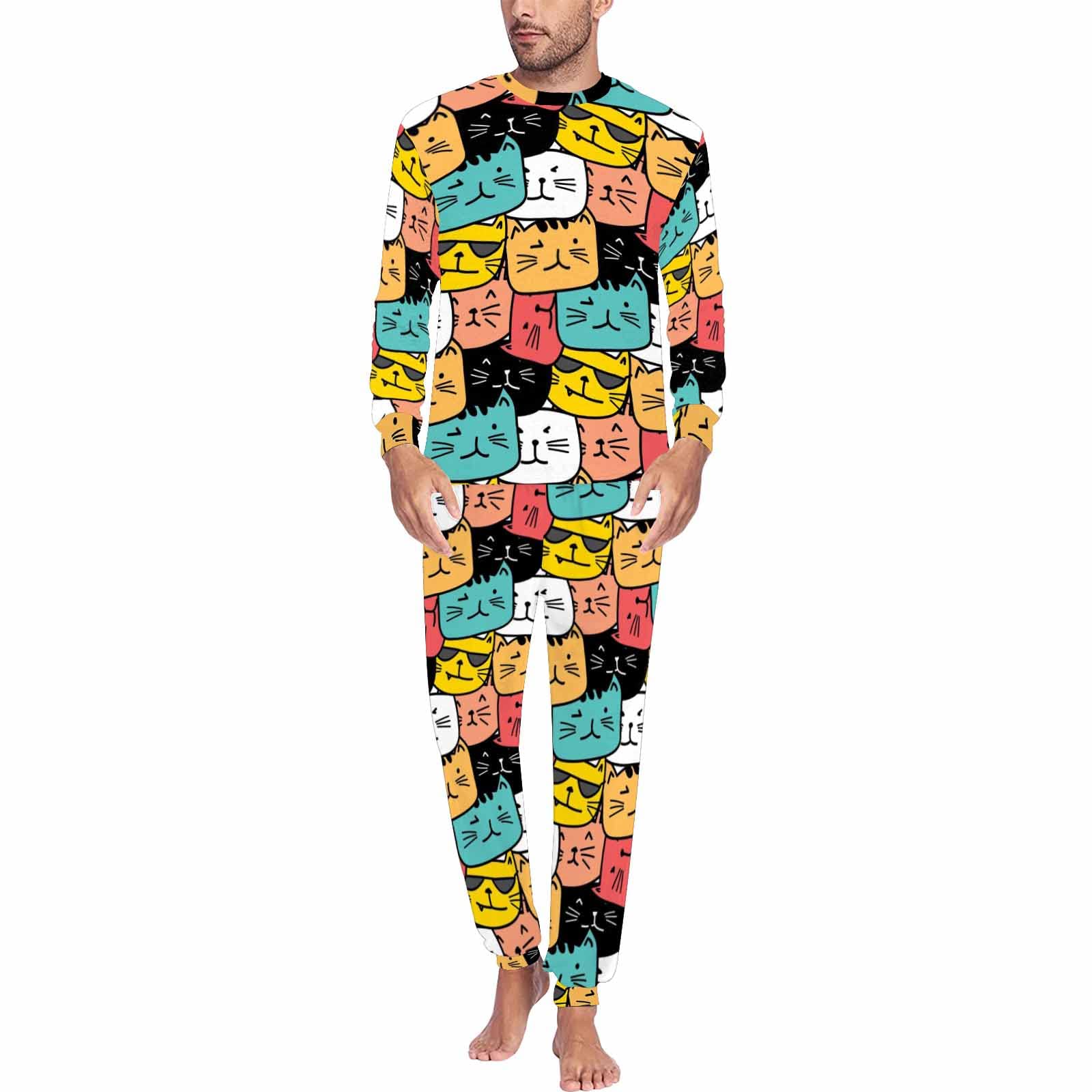 InterestPrint Cat Face Men's Winter Pajama Set - Fleece Sweatshirt & Jogger Pants for Sleeping, Lounging & Christmas Gifts