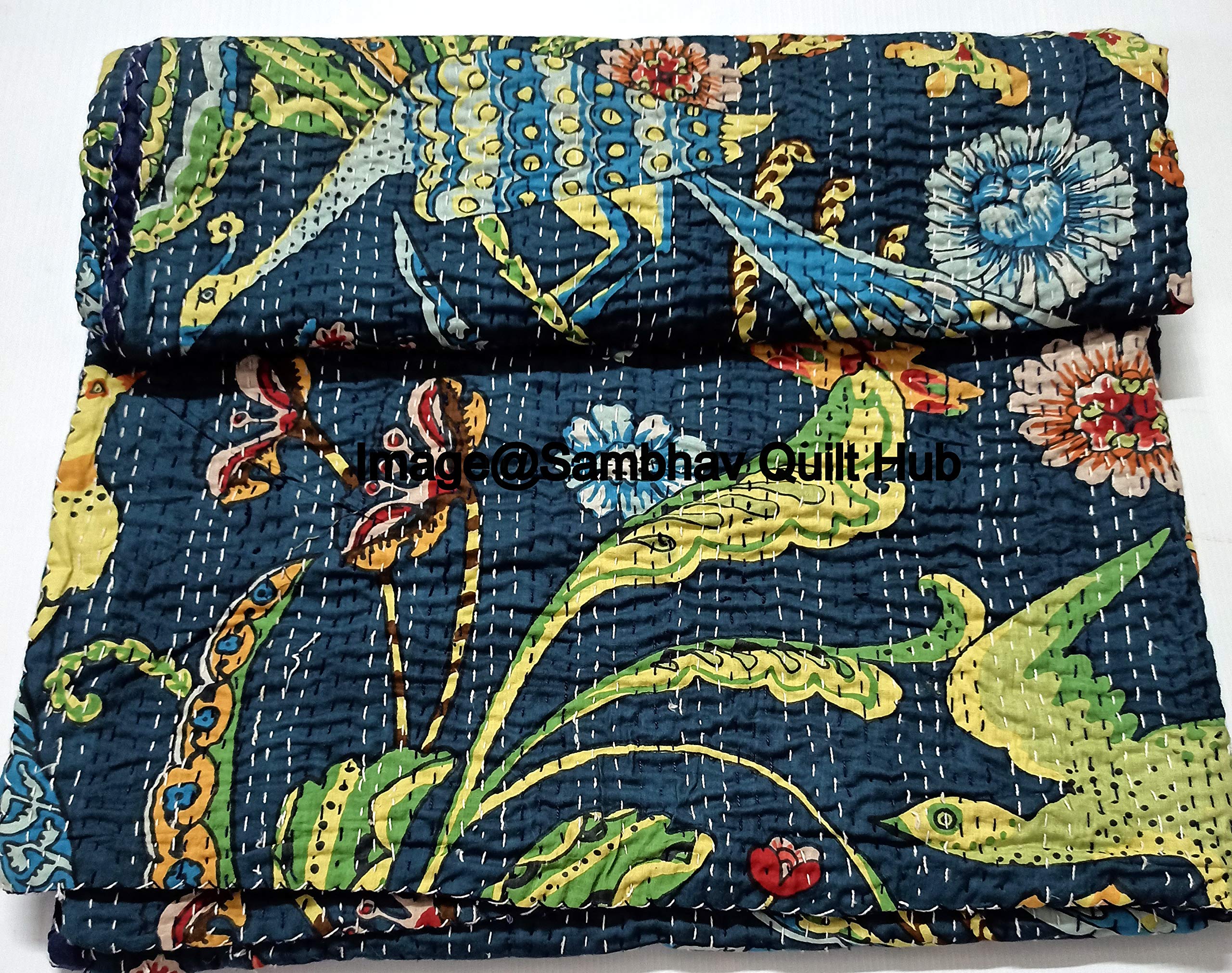 Handmade Cotton Kantha Quilt - Blue Bohemian Block Print Throw Blanket (California King 108