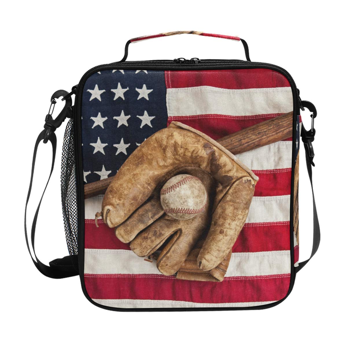 **American Flag Insulated Lunch Box - Baseball Sport Design Cooler Tote Bag with Shoulder Strap for Men, Women, Boys & Girls - Perfect for School, Work, Picnics & Outdoor Activities**