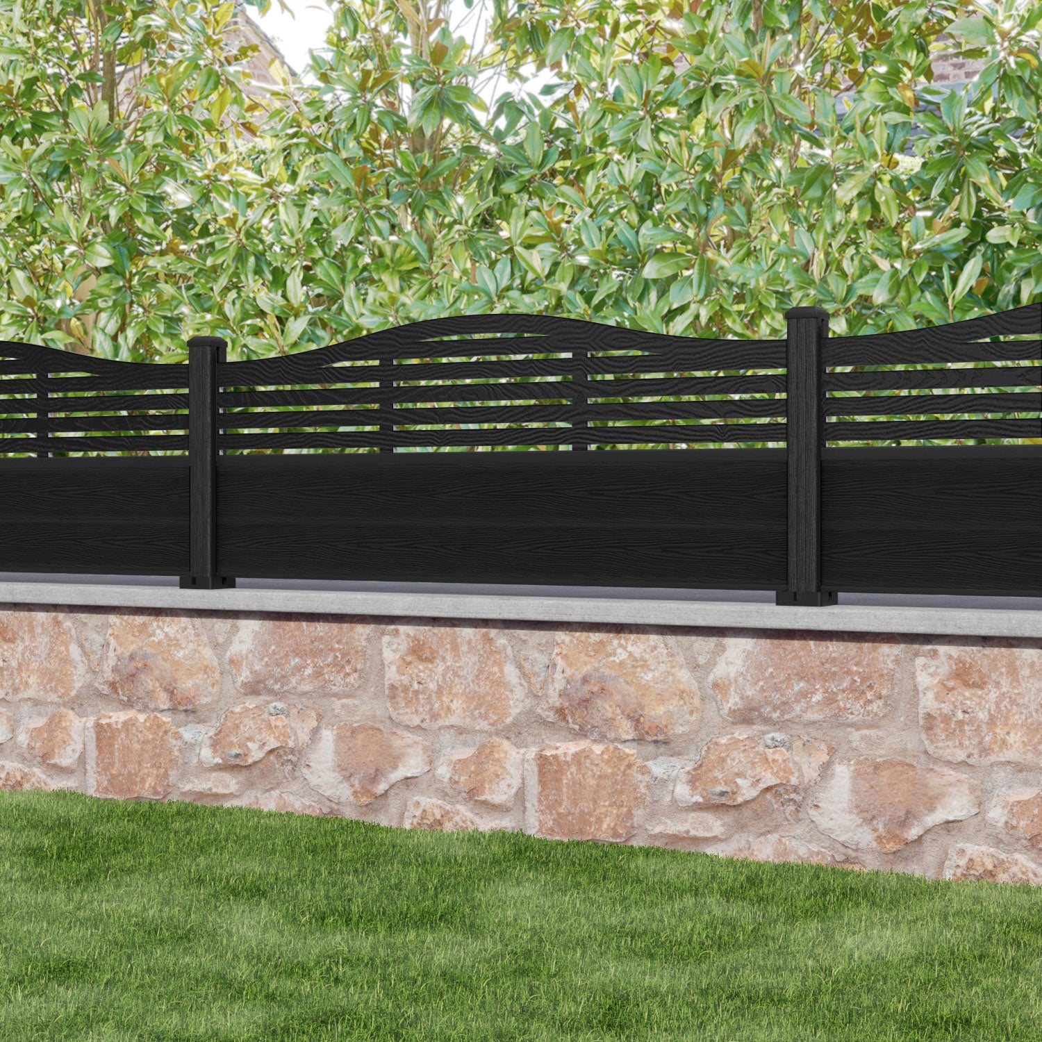 Classic Aspen Black Curved Top Fence Panel with Composite Posts - Durable Outdoor Privacy Fence for Backyard, Garden, and Pool Areas