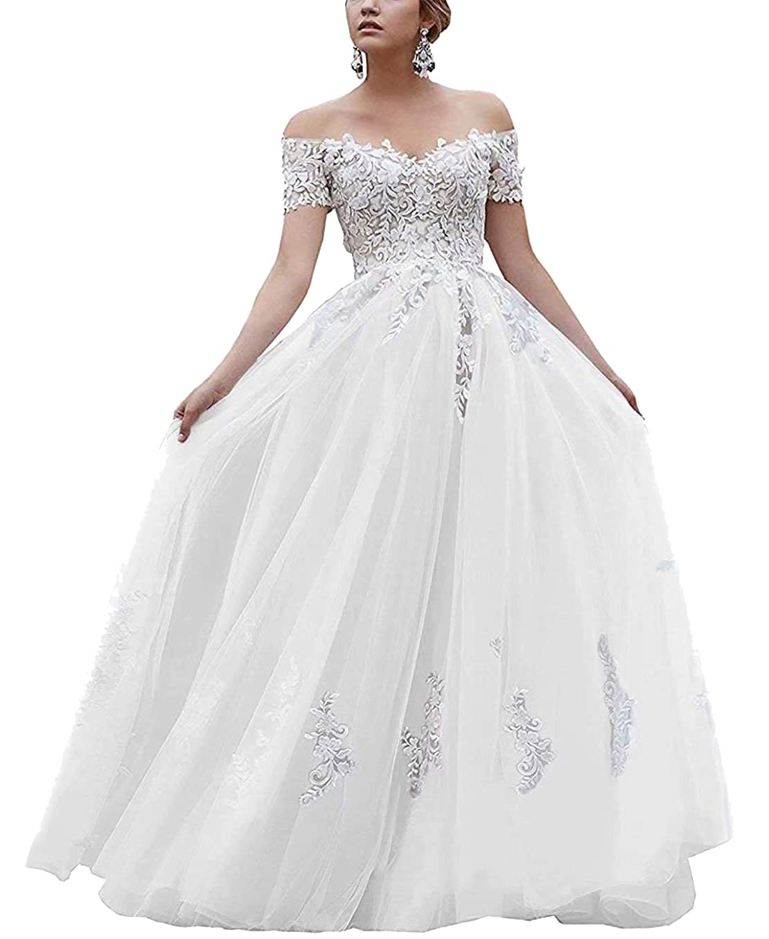 Elegant Long Formal Evening Dresses for Prom & Quinceañera - Off Shoulder Lace Applique A-Line Tulle Gown | Perfect for Homecoming, Wedding Guest & Special Occasions