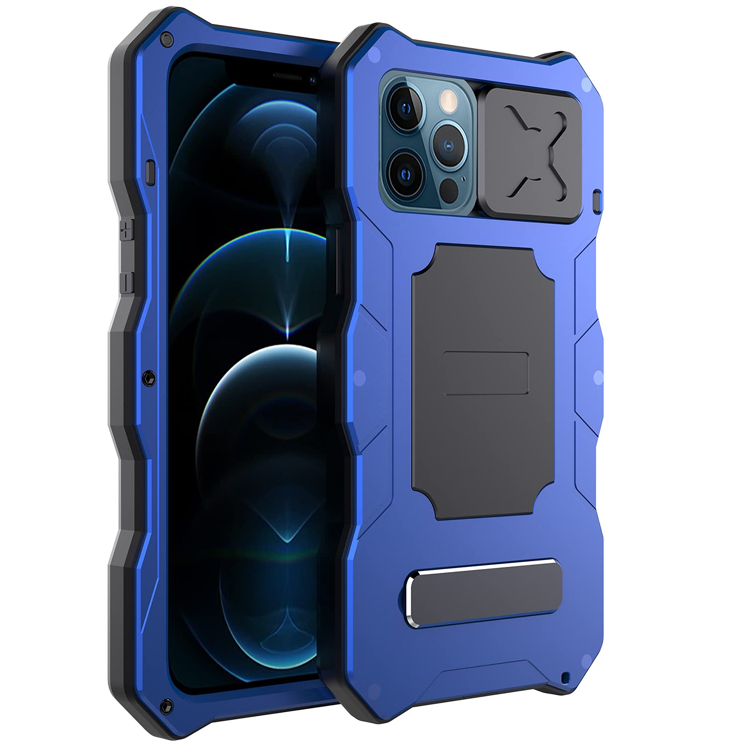 WindFlying Heavy Duty Shockproof Metal Case for iPhone 12 Pro Max - Military Grade Protection with Kickstand & Camera Cover | Full Body Dustproof Design | Perfect for Outdoor Adventures, Construction Work & Extreme Sports (Blue)