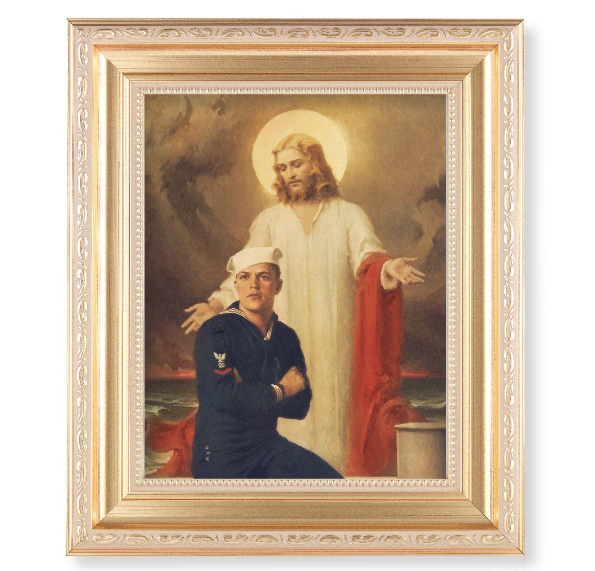 Jesus with Sailor Framed Wall Art - Large Religious Home Decor with Satin Gold Fluted Frame, Distressed Finish & Detailed Scrollwork - Perfect for Living Room, Bedroom or Church Decorations