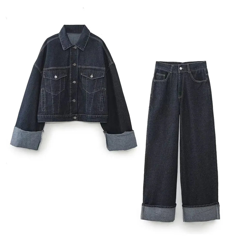 Stylish Autumn/Winter Women's Denim Jacket & Curled Hem Pants Set - Trendy Casual Outfit for Fall Fashion, Date Nights & Weekend Outings