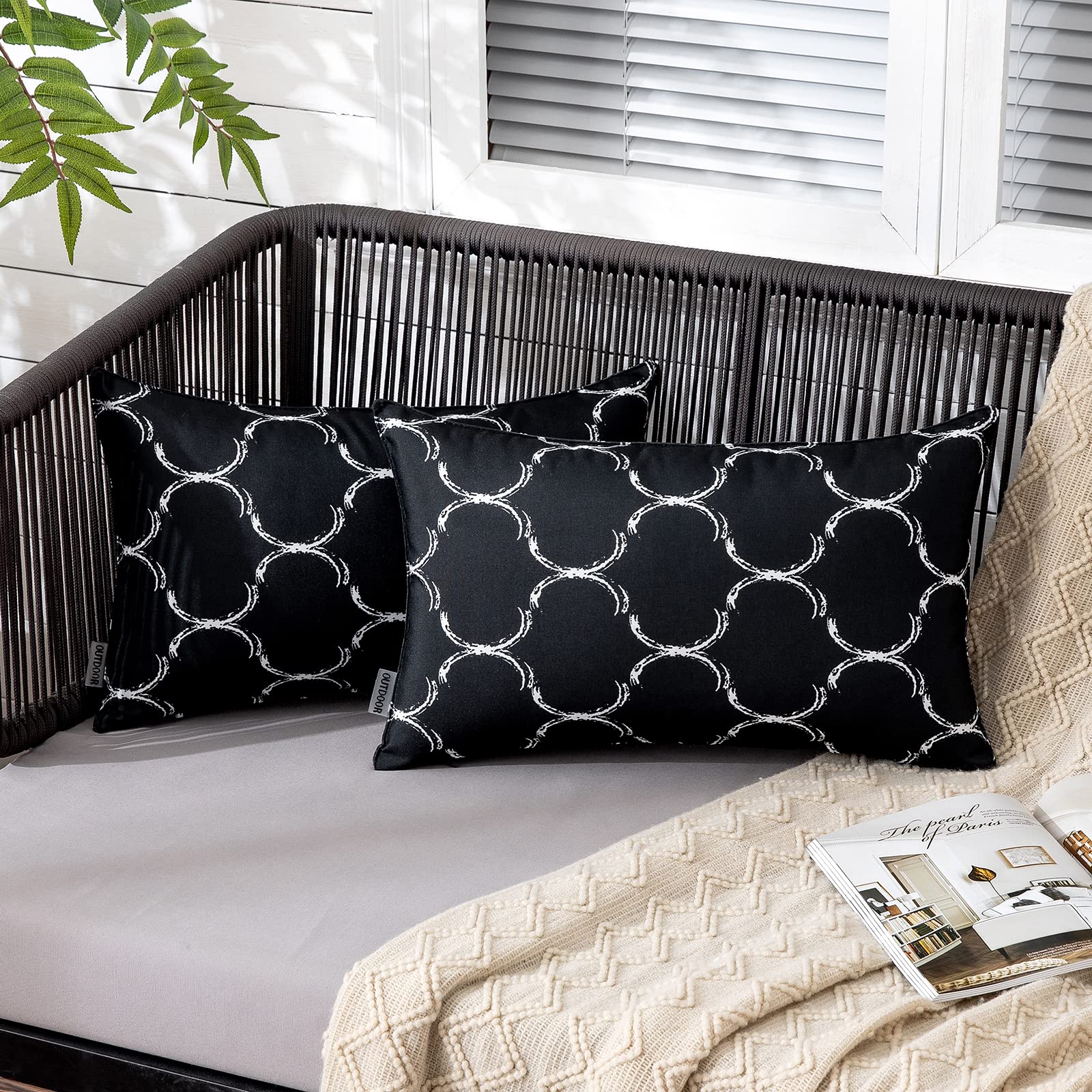 ANRODUO 2 Pack Waterproof Outdoor Throw Pillow Covers - 12x20 Inch Black Solid Decorative Cushion Shams for Patio, Garden, Balcony, Bench & Couch - Weatherproof & Durable for Outdoor Use