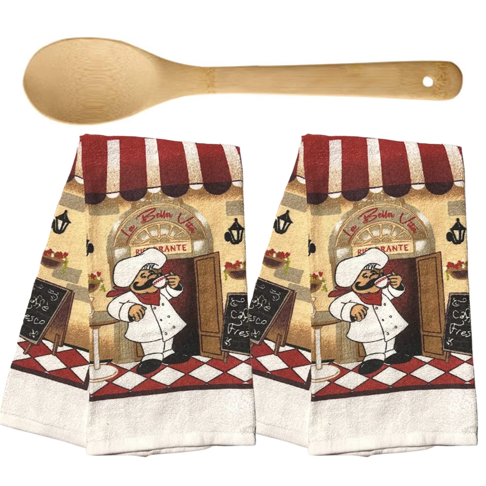Italian Chef Kitchen Towel Set - 2 Towels & Bamboo Spoon for Home & Cafe