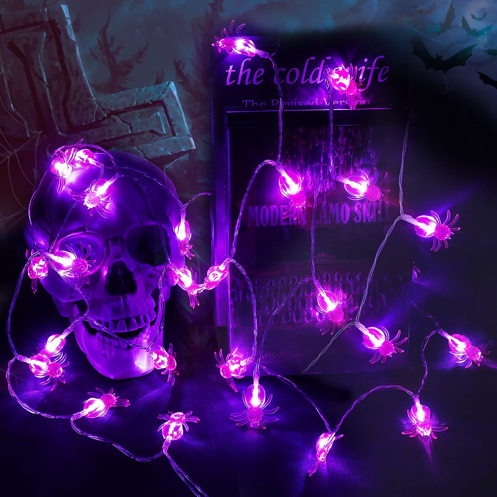 Spider Lights Halloween Decorations - 2 Pack 60 LED Purple Halloween String Lights, Battery Operated for Indoor Outdoor Halloween Party, Porch, Yard, and Home Decor