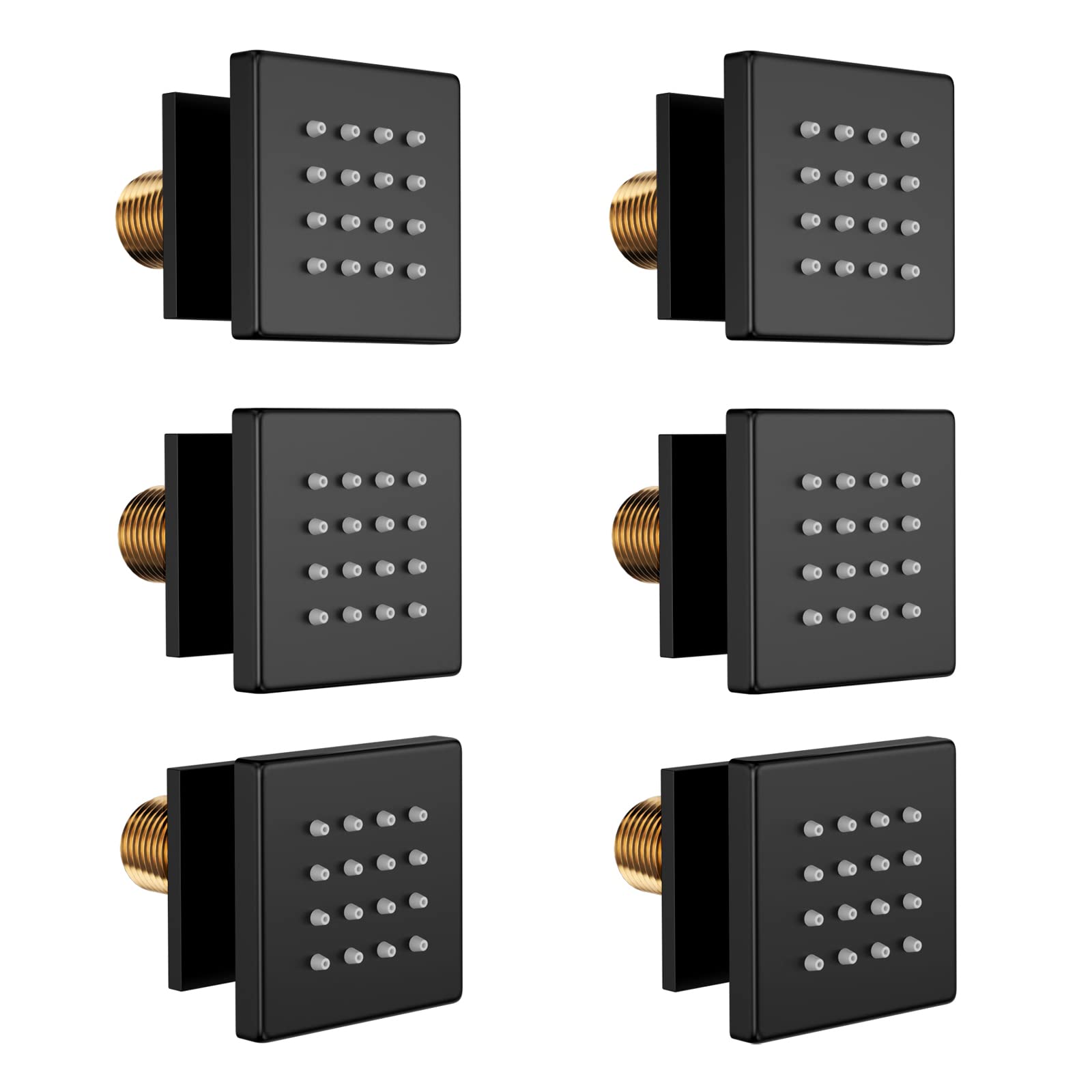 Premium Brass Square Shower Body Spray Jets - 6PCS Matte Black Wall Mount Spa Massage Showerhead with 1/2