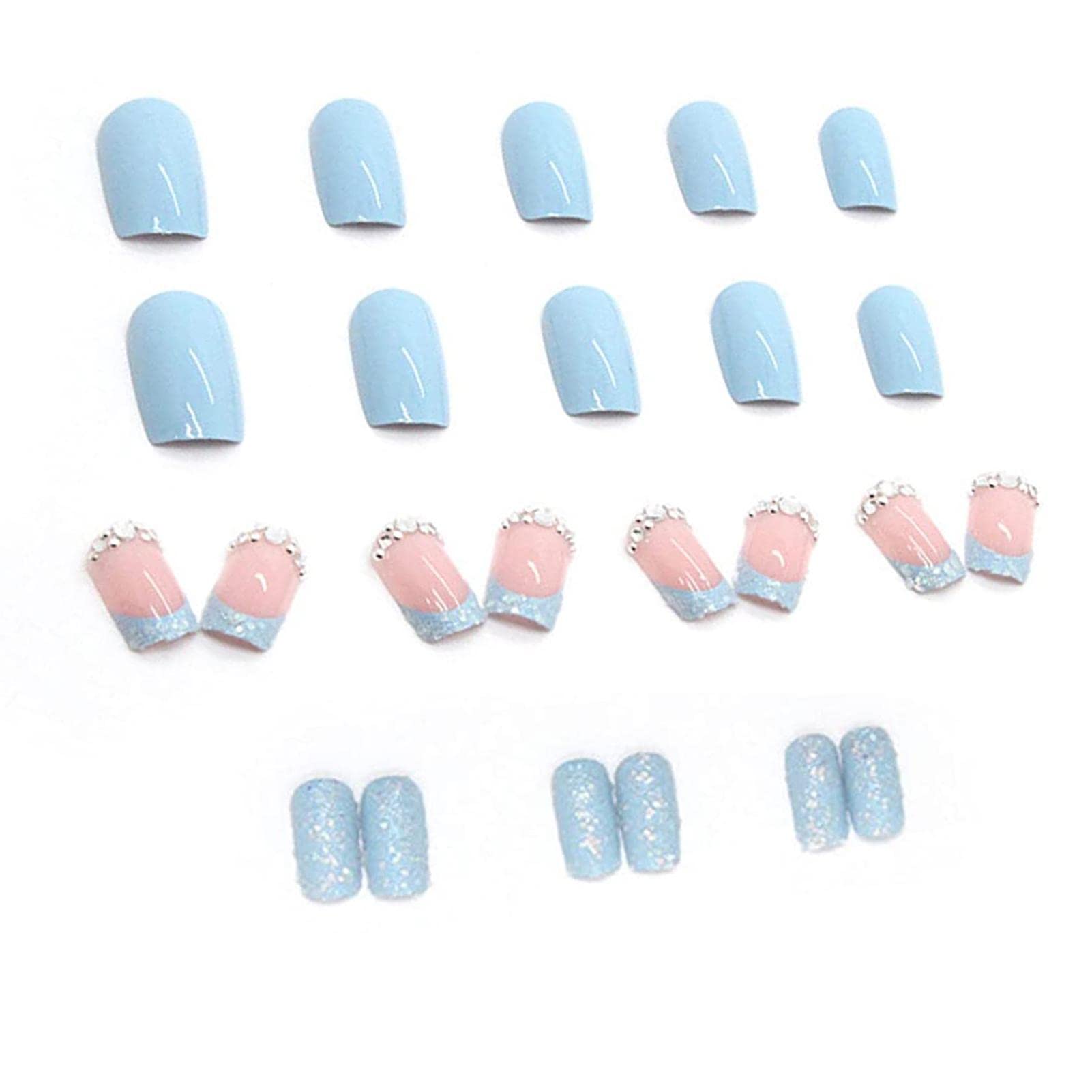 24Pcs Short Square Blue Glitter False Nails - Removable Full Cover Press On Nails with Rhinestones & French Tip Designs | Includes Nail Art Tools for Parties, Weddings & Special Occasions
