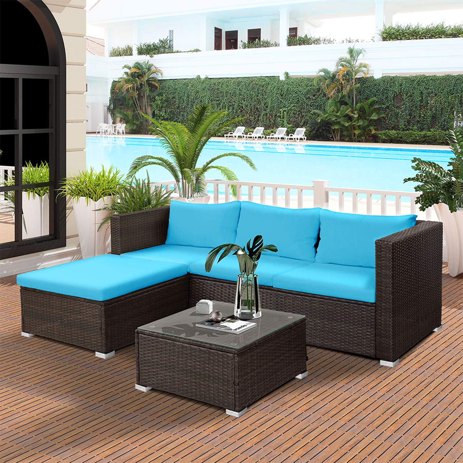 Rattan Patio Furniture Set 5-Piece Wicker Sofa with Blue Cushions - Outdoor Garden Sectional Conversation Set for Backyard, Poolside & Patio Relaxation