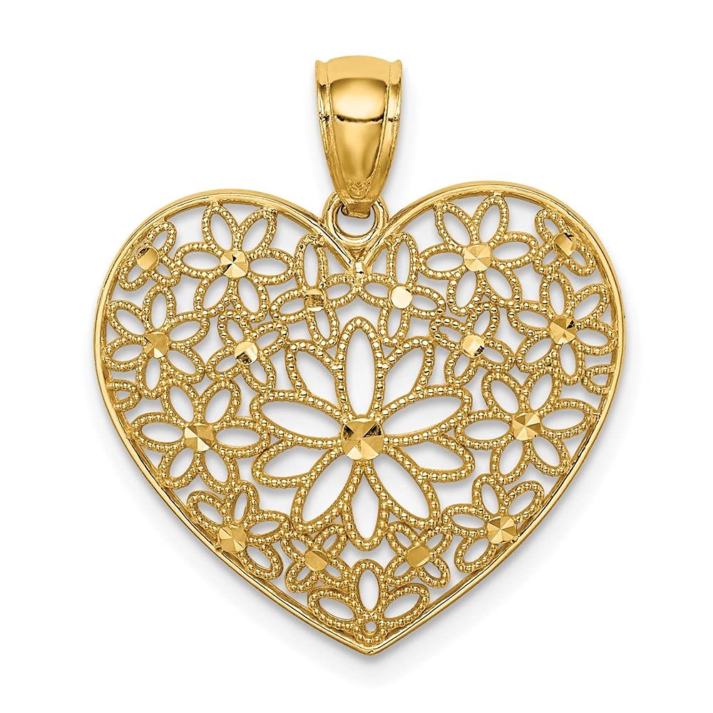 14K Yellow Gold Floral Heart Pendant Necklace for Women - Elegant Polished Fine Jewelry Gift for Valentine's Day, Anniversary & Special Occasions