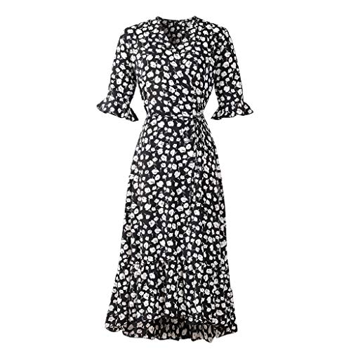 Elegant Women's Short Sleeve Floral Wrap Dress with Side Split - Summer Wedding Guest Cocktail Party Sun Dress (Black) | Perfect for Beach Vacations, Garden Parties & Formal Events