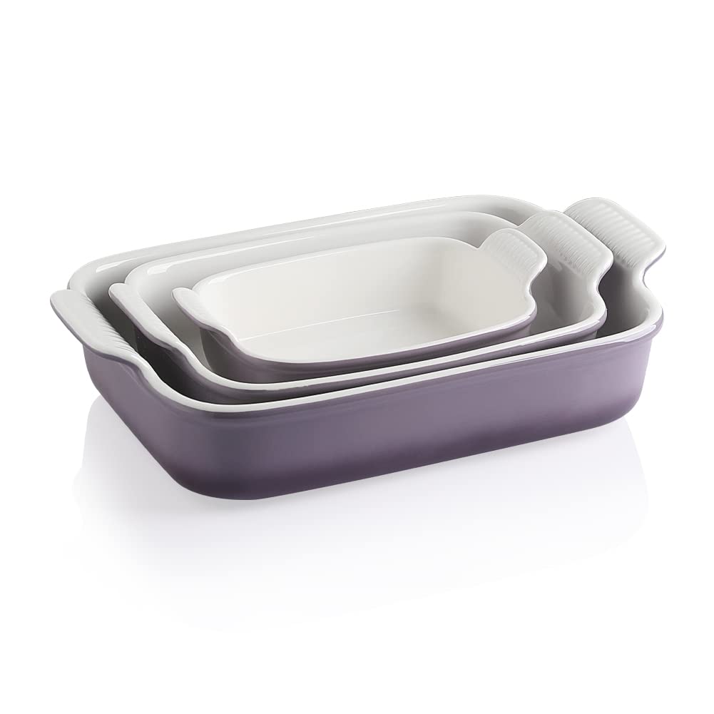 Sweejar 3-Piece Ceramic Bakeware Set - 9x13 Inch Rectangular Baking Dish with Handles, Deep Lasagna Pan, Oven Safe Casserole Dishes - Durable Kitchen Bakeware for Cooking, Baking & Serving - Perfect for Home Kitchens, Banquets & Wedding Gifts (Gradient Purple)
