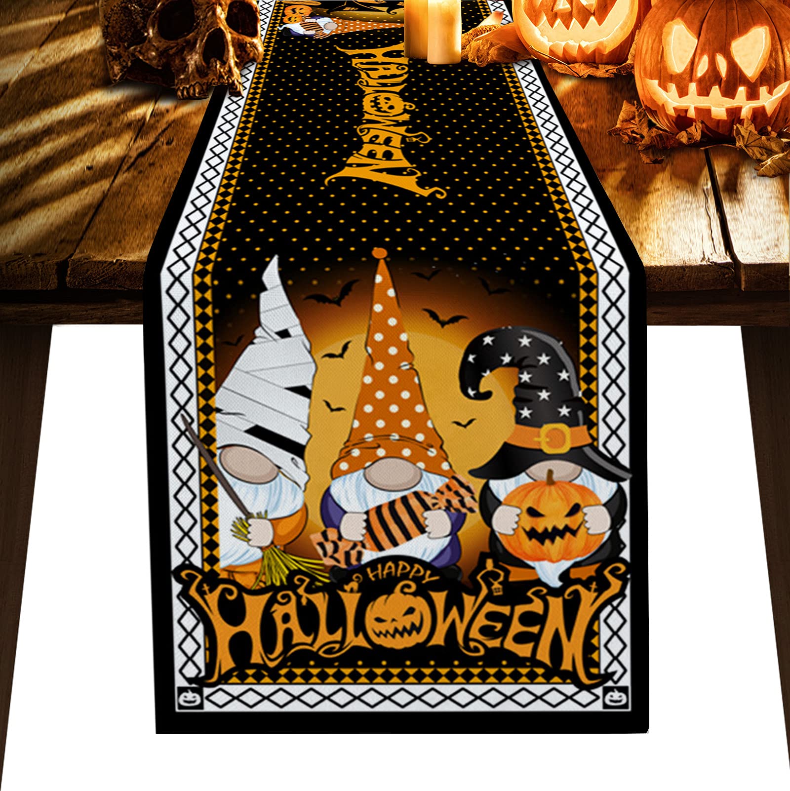 Halloween Dwarf Cotton Linen Burlap Table Runner - 13x108 Inch Black & White Diamond Check Orange Dots Kitchen Decor for Dining Table, Party, Holiday Events - Perfect for Halloween Decorations, Thanksgiving Dinners & Christmas Celebrations