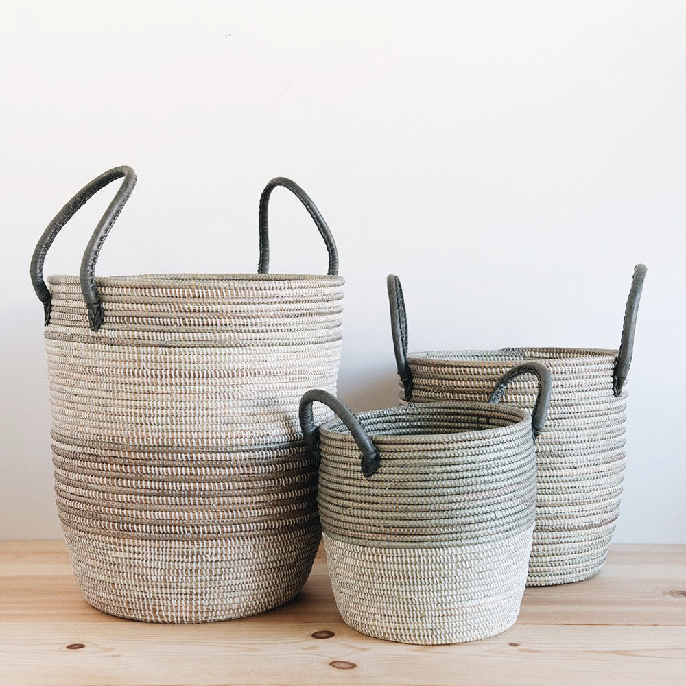Premium Silver Storage Basket Set with Leather Handles - Organize Home, Office & Nursery - Perfect for Shelves, Closets & Bathroom Storage