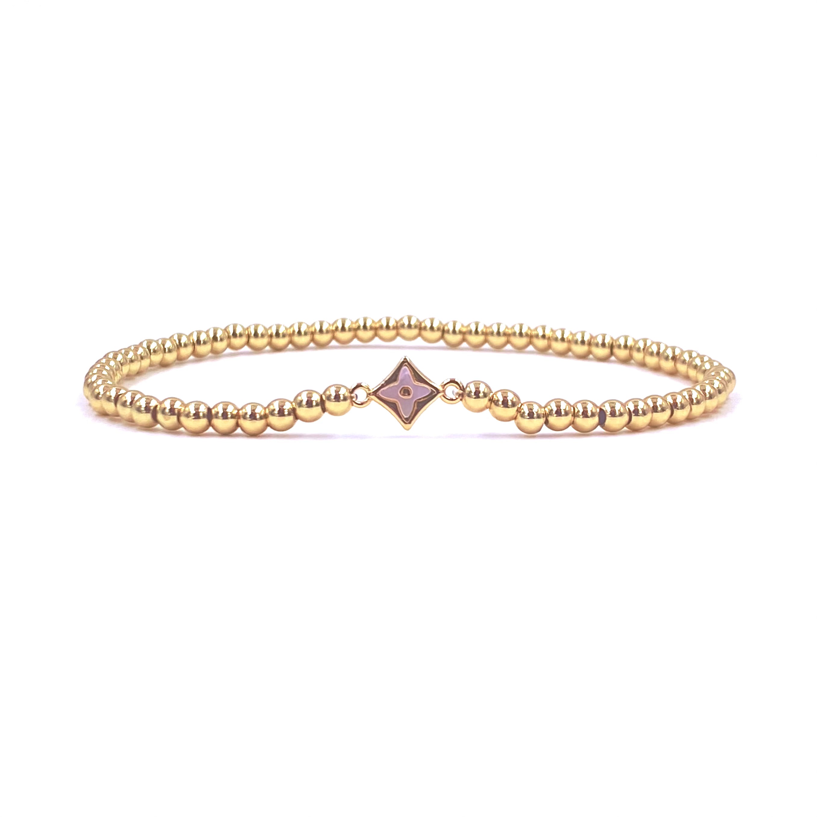 Ashley Gold Stainless Steel Beaded Bracelet for Women - Elegant Gold Plated Enamel Star Charm Stretch Bangle - Perfect for Parties, Weddings & Everyday Wear