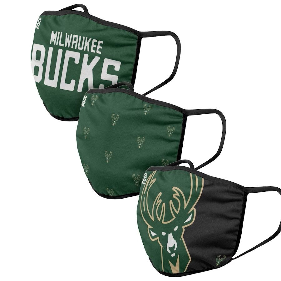 Milwaukee Bucks 3-Pack Reusable Face Masks - Breathable Washable NBA Team Logo Face Covers for Basketball Fans, Gym, Work & Outdoor Activities