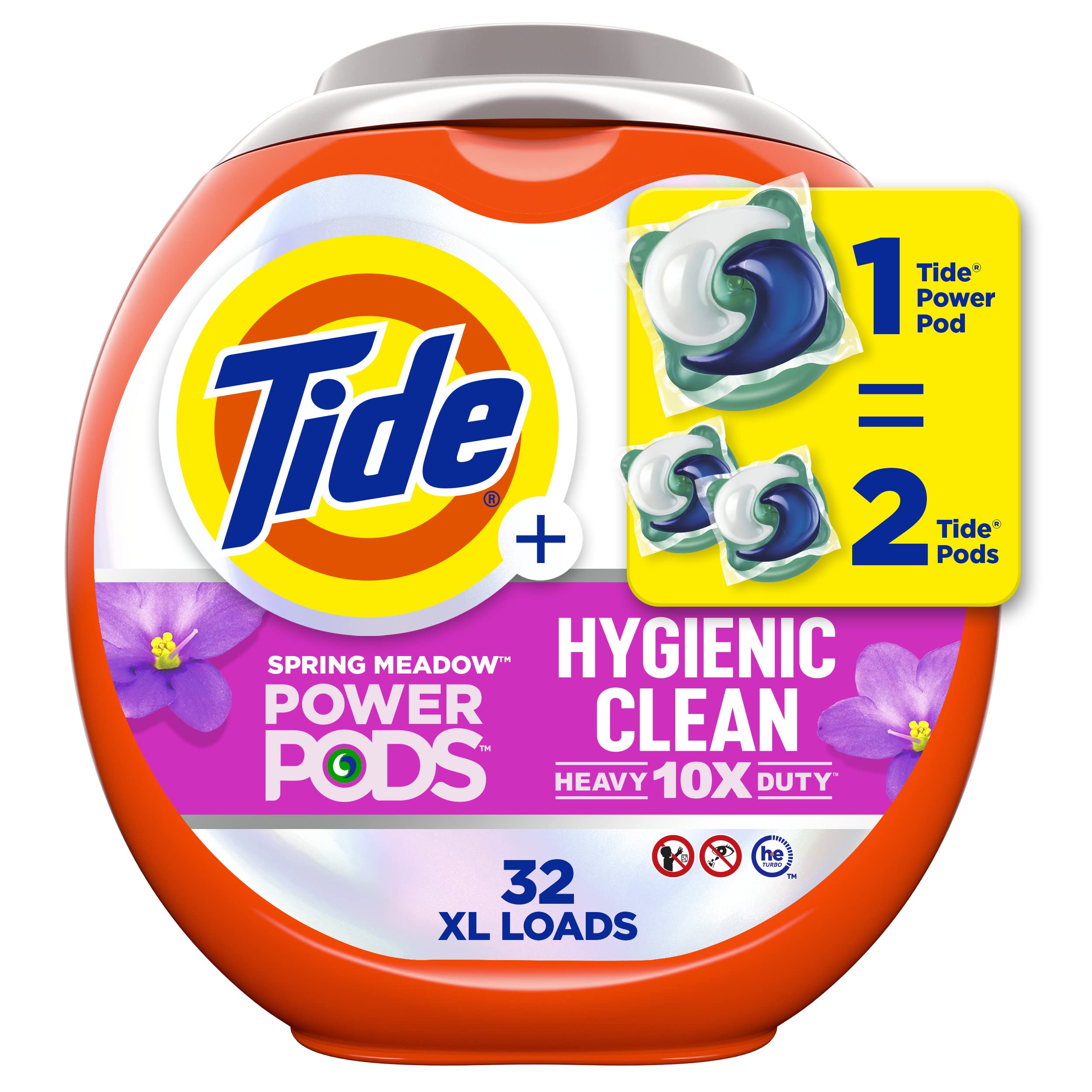 Tide Hygienic Clean Heavy Duty 10X Power PODS Laundry Detergent Pacs - Spring Meadow Scent, 32 Count - Removes Visible & Invisible Stains - Perfect for Active Families, Gym Clothes & Tough Stains