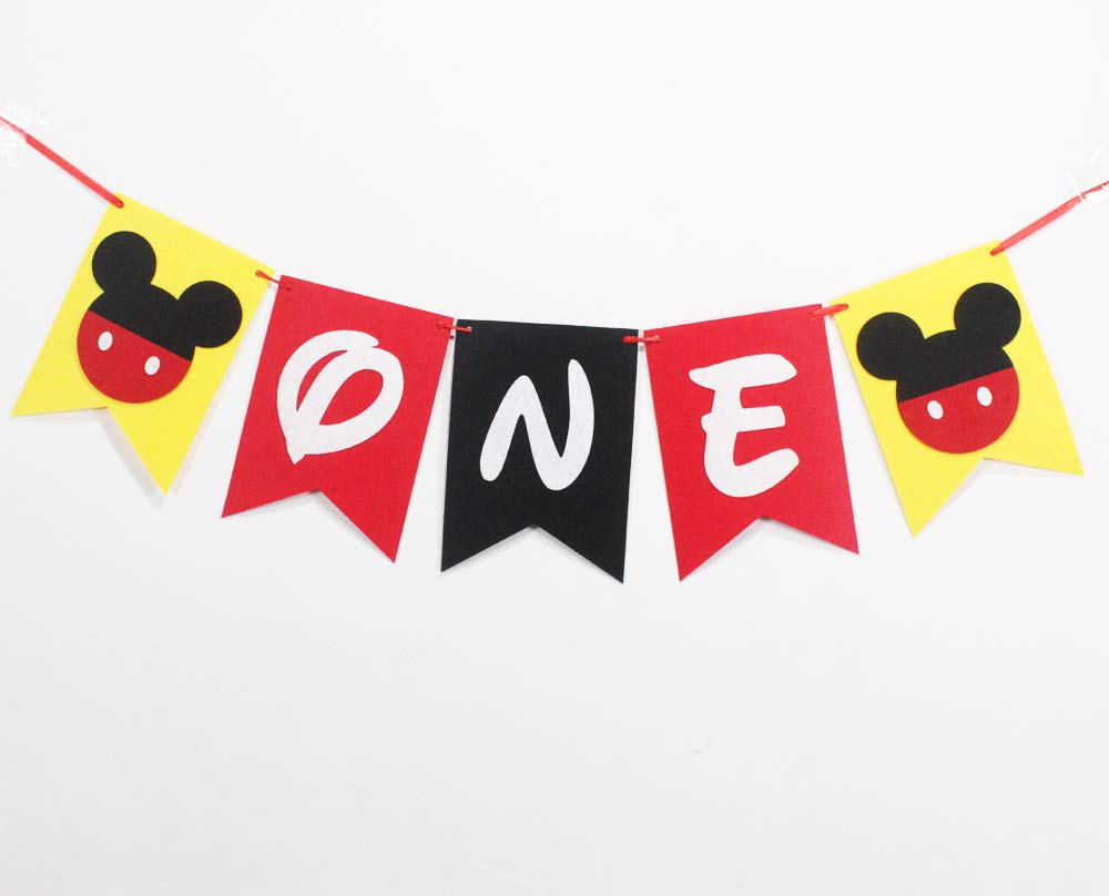 Hongkai Mouse Inspired 1st Birthday Banner Decorations - Handmade ONE Banner for Highchair & Party - Red Black Yellow Baby First Birthday Supplies | Perfect for Baby Showers, Milestone Celebrations & Photo Backdrops