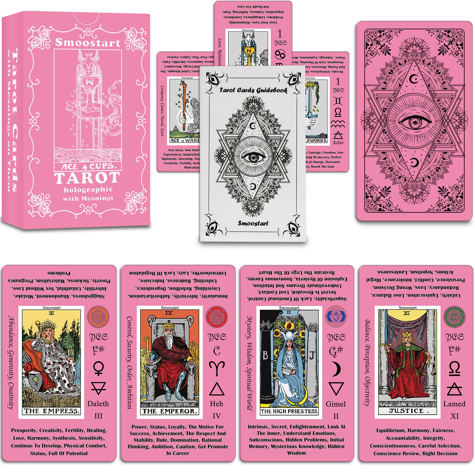 Pink Tarot Cards for Beginners with Meanings & Guide Book - Holographic Laser Tarot Deck with Keywords - Perfect for Meditation, Divination & Spiritual Guidance