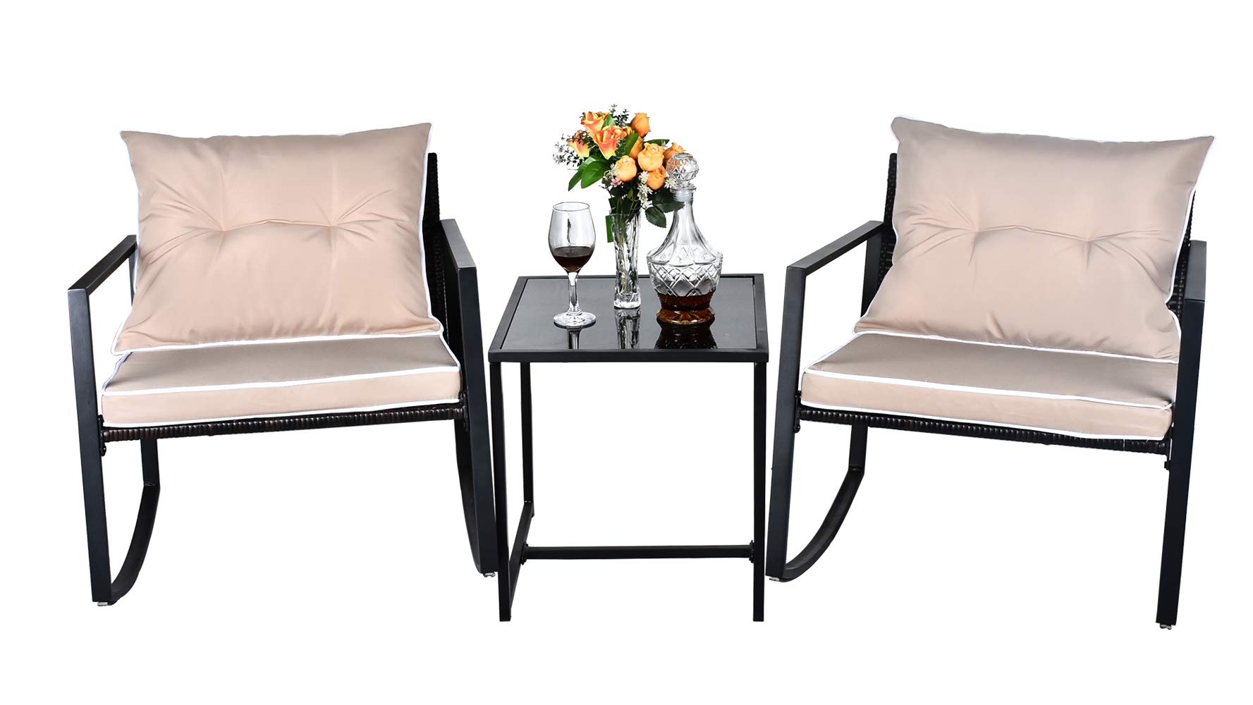 Grepatio 3-Piece Rocking Bistro Set - Modern Wicker Patio Furniture with Coffee Table - Outdoor Rattan Chairs for Yard, Garden & Balcony - Brown & Khaki (Perfect for Relaxing, Entertaining & Small Space Dining)
