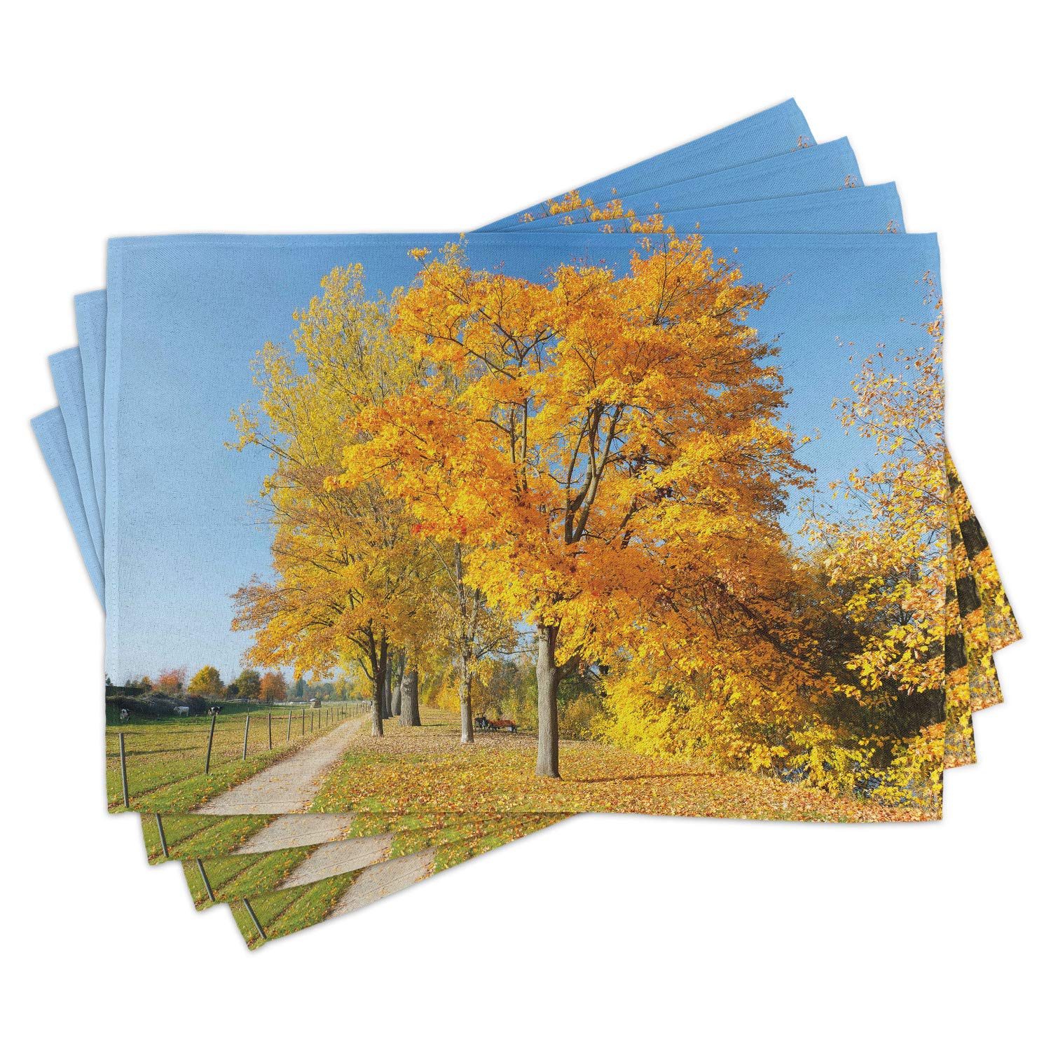 Ambesonne Fall Placemats Set of 4 - Maple Trees Countryside Landscape Washable Fabric Dining Table Mats for Kitchen & Dining Room Decor in Pale Blue Yellow Green - Perfect for Autumn Dinner Parties & Holiday Gatherings