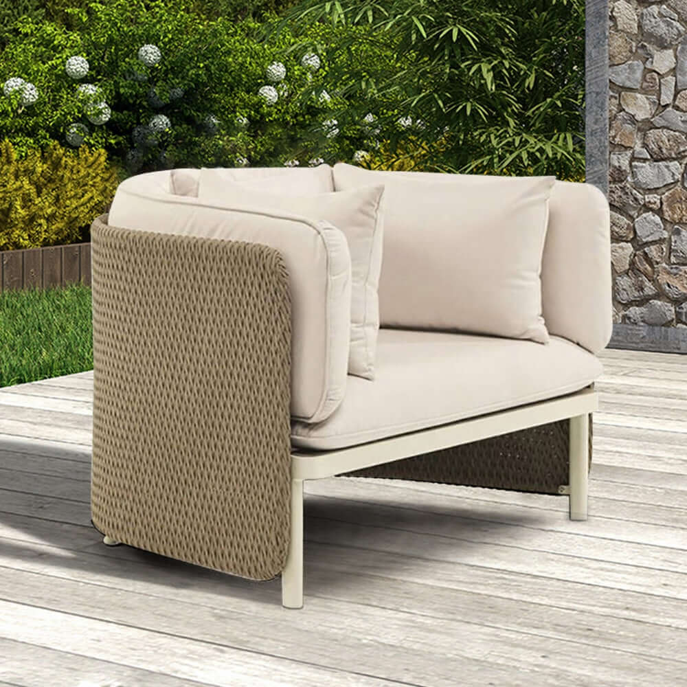 Khaki & Cream White Rattan Outdoor Armchair - Patio Accent Chair with Cushion Pillow - Perfect for Garden, Poolside & Backyard Relaxation