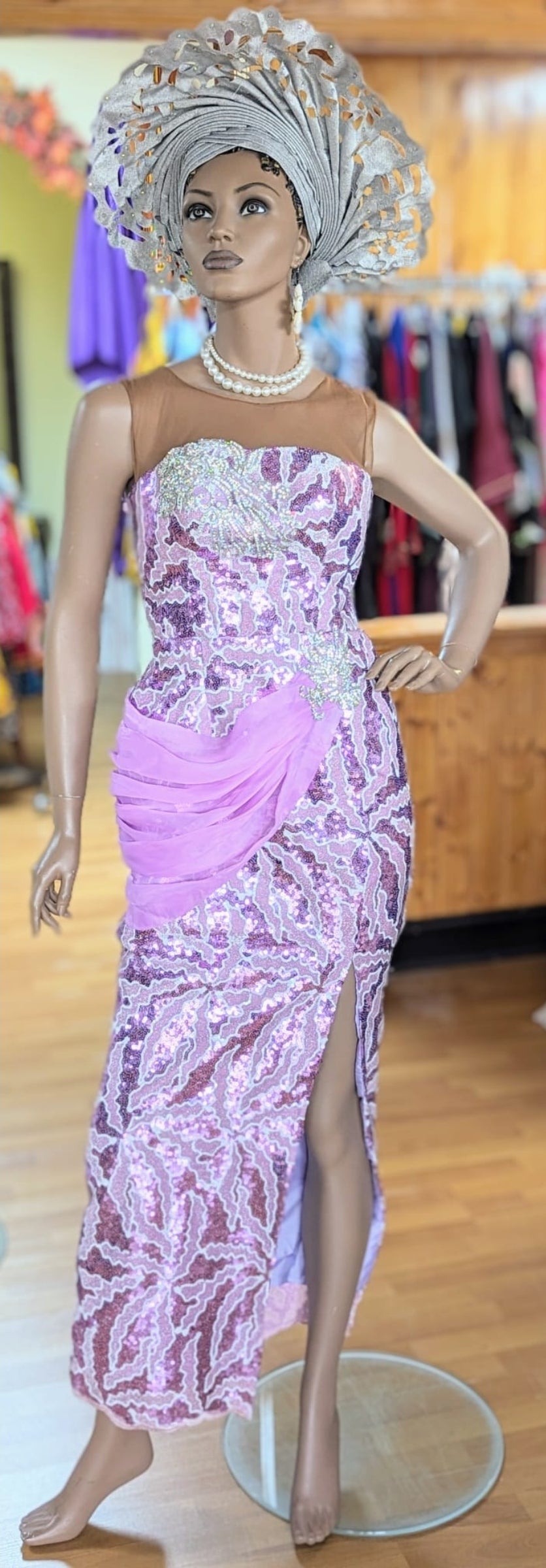 Elegant Lilac & Mauve African Sleeveless Lace Sequins Maxi Bustier Dress for Women - Perfect for Weddings, Parties & Special Occasions