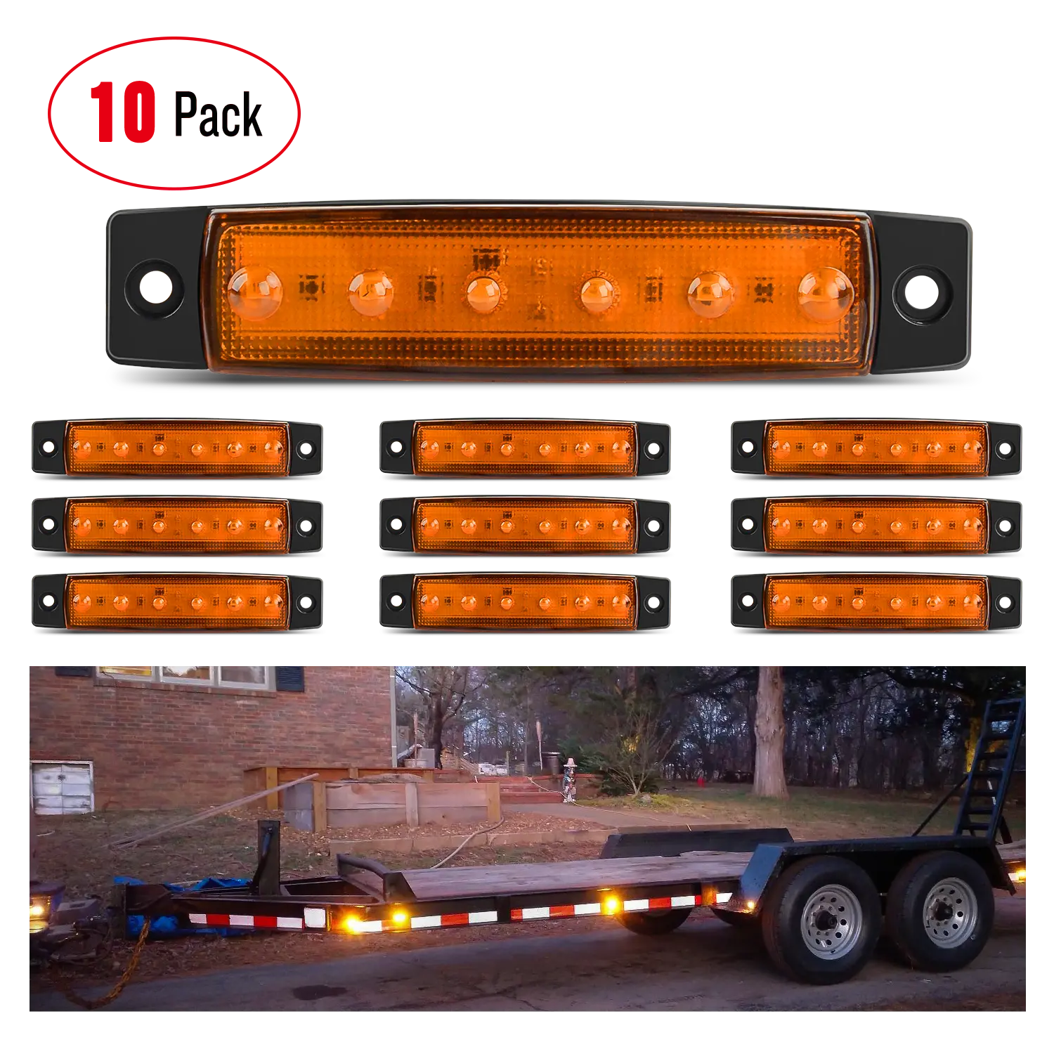 3.8 Inch 6 LED Amber Side Marker Lights - 10 Pack for Trucks, Trailers & RVs - Waterproof & Durable for Road Safety & Night Visibility