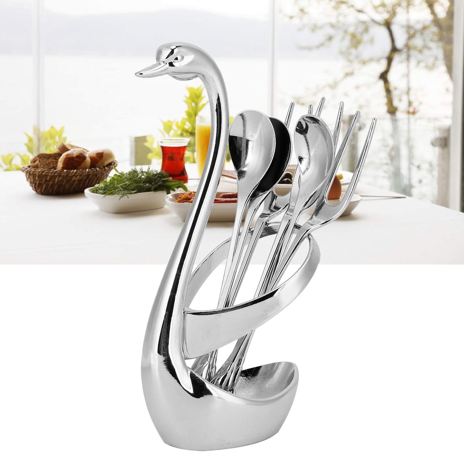 7-Piece Swan Base Zinc Alloy Dessert Cutlery Set - 3 Forks & 3 Spoons with Decorative Stand for Coffee, Ice Cream, Cake, Fruit Serving - Elegant Tableware for Tea Parties, Weddings, and Home Decor