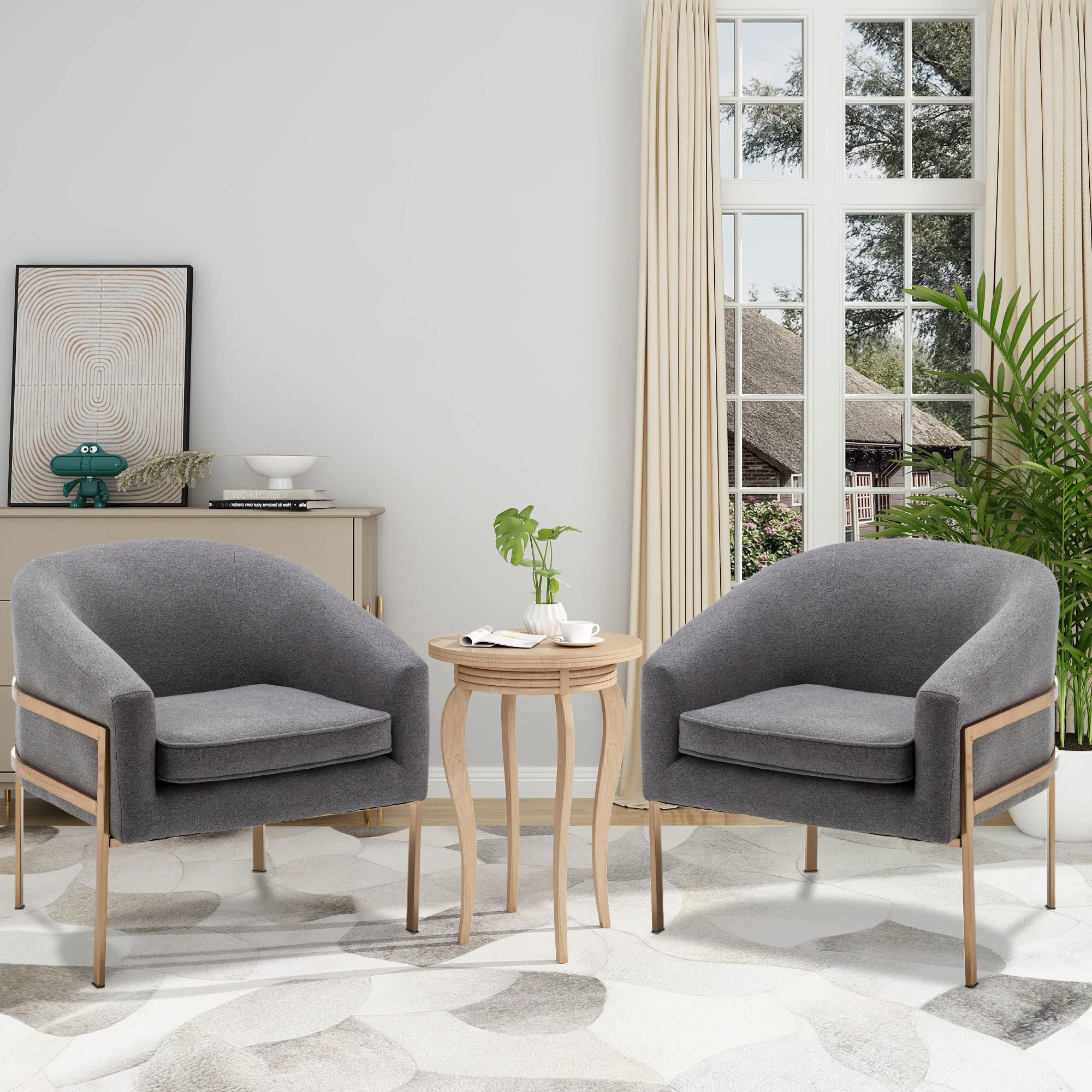 Premium Aklaus Accent Chairs Set of 2 - Modern Upholstered Barrel Armchairs with Linen Fabric, Comfortable Reading Chairs for Living Room, Bedroom & Office Waiting Area - Soft Grey Home Decor (Perfect for Relaxing, Reading & Guest Seating)