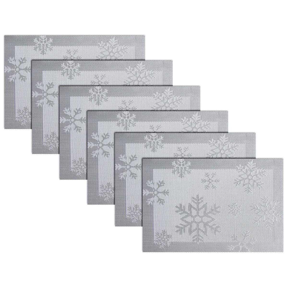Christmas Placemats Set of 6 - Vinyl Woven Non-Slip Washable Table Mats for Dining - Snow Silver | Holiday Dinner Party Decor & Home Table Setting